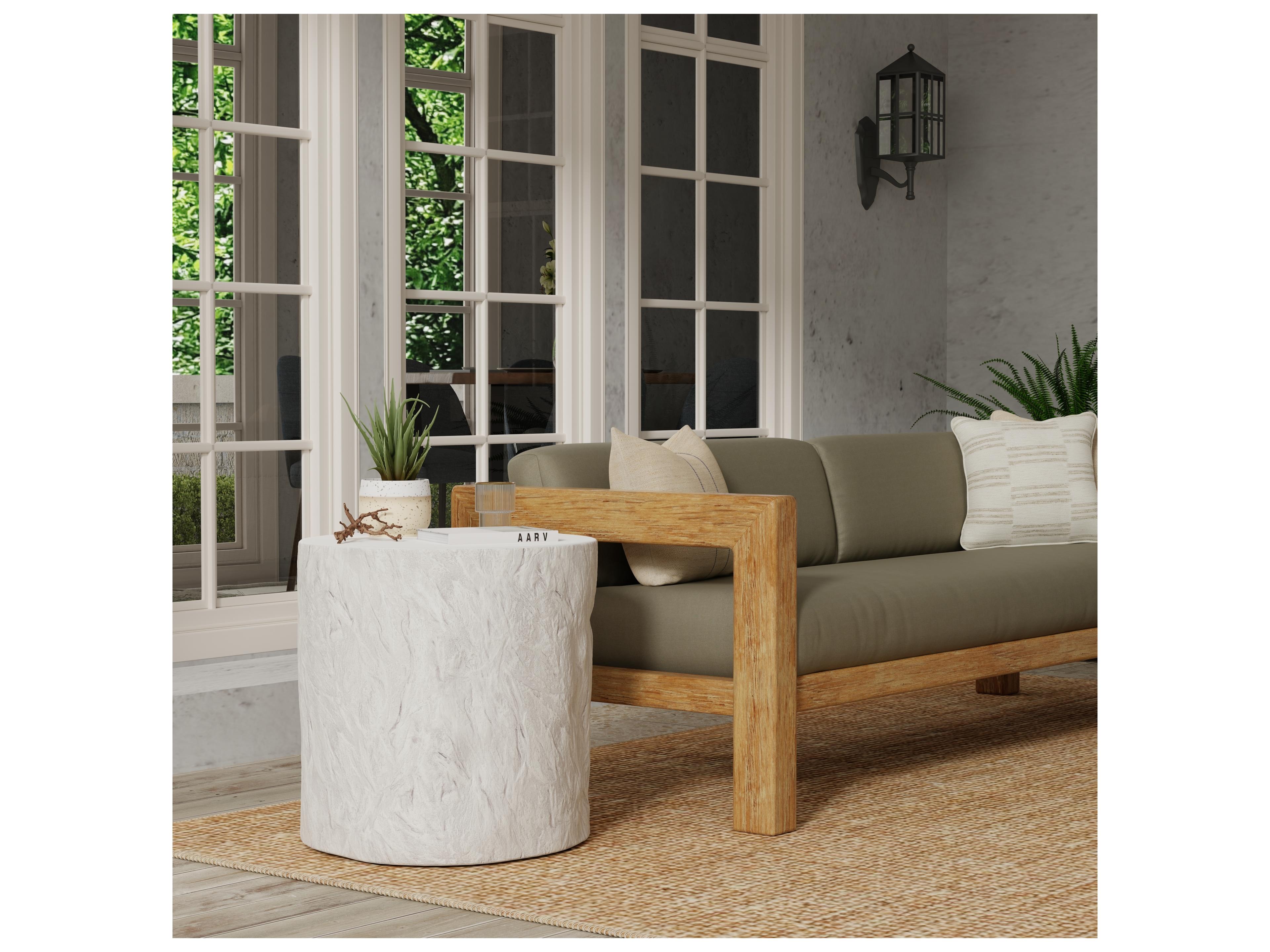 Sunset West Antique Stone Resin Bone White Round Patio End Table