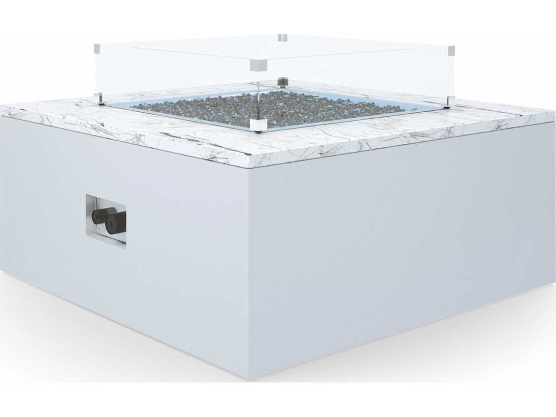 Sunset West White Carrara Marble Aluminum Square Patio Fire Pit Table