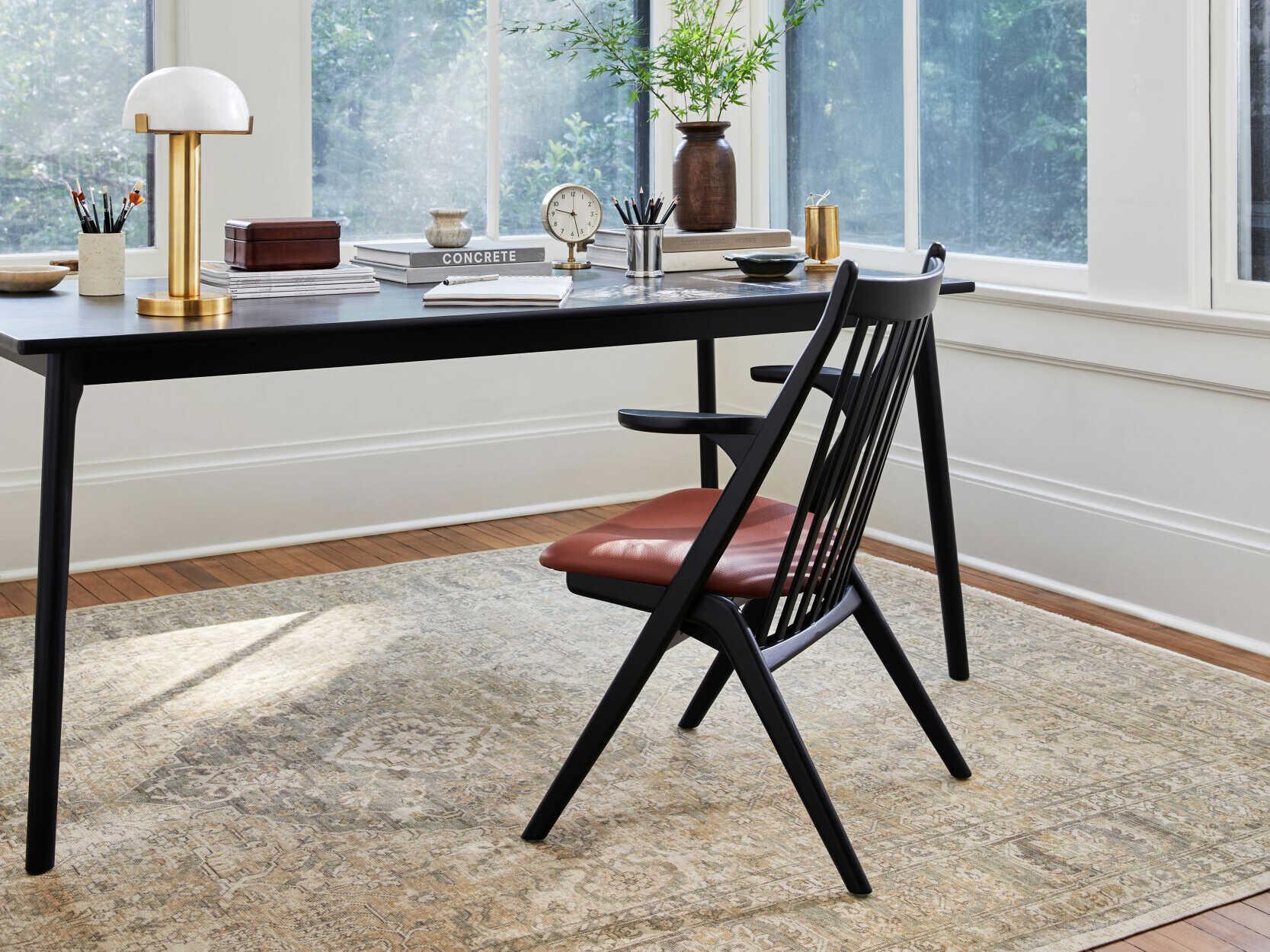 Surya Acworth Rubberwood Black Faux Leather Arm Dining Chair