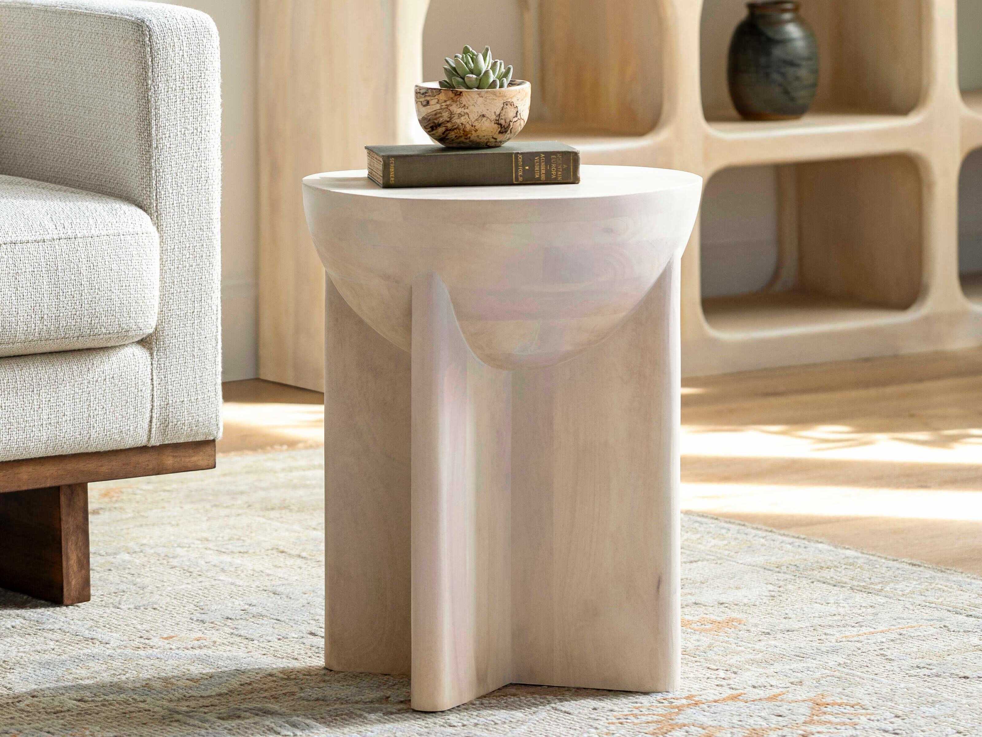 Surya Amari Round Wood Ivory End Table