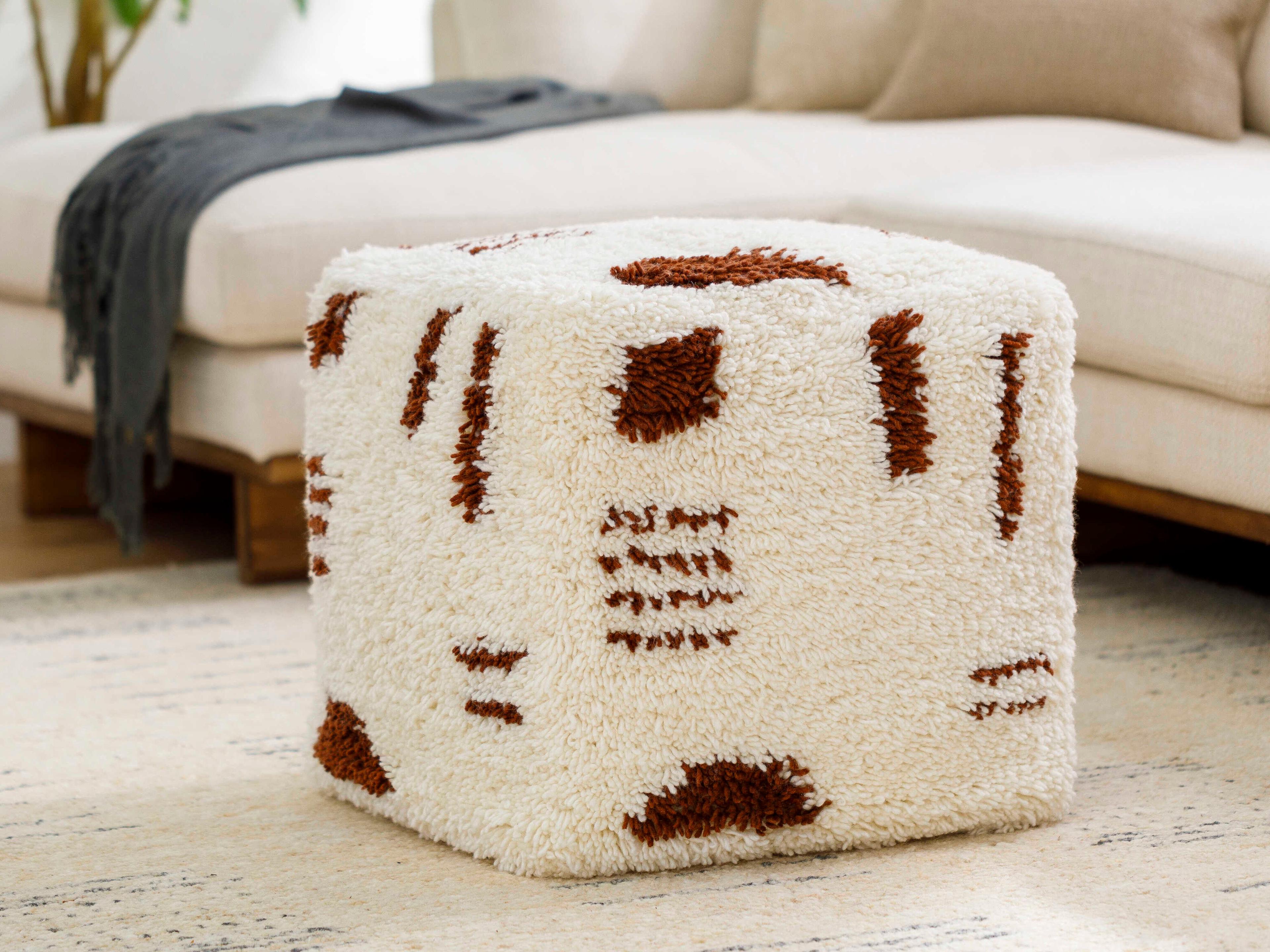 Surya Aksel Ivory Brown Upholstered Pouf