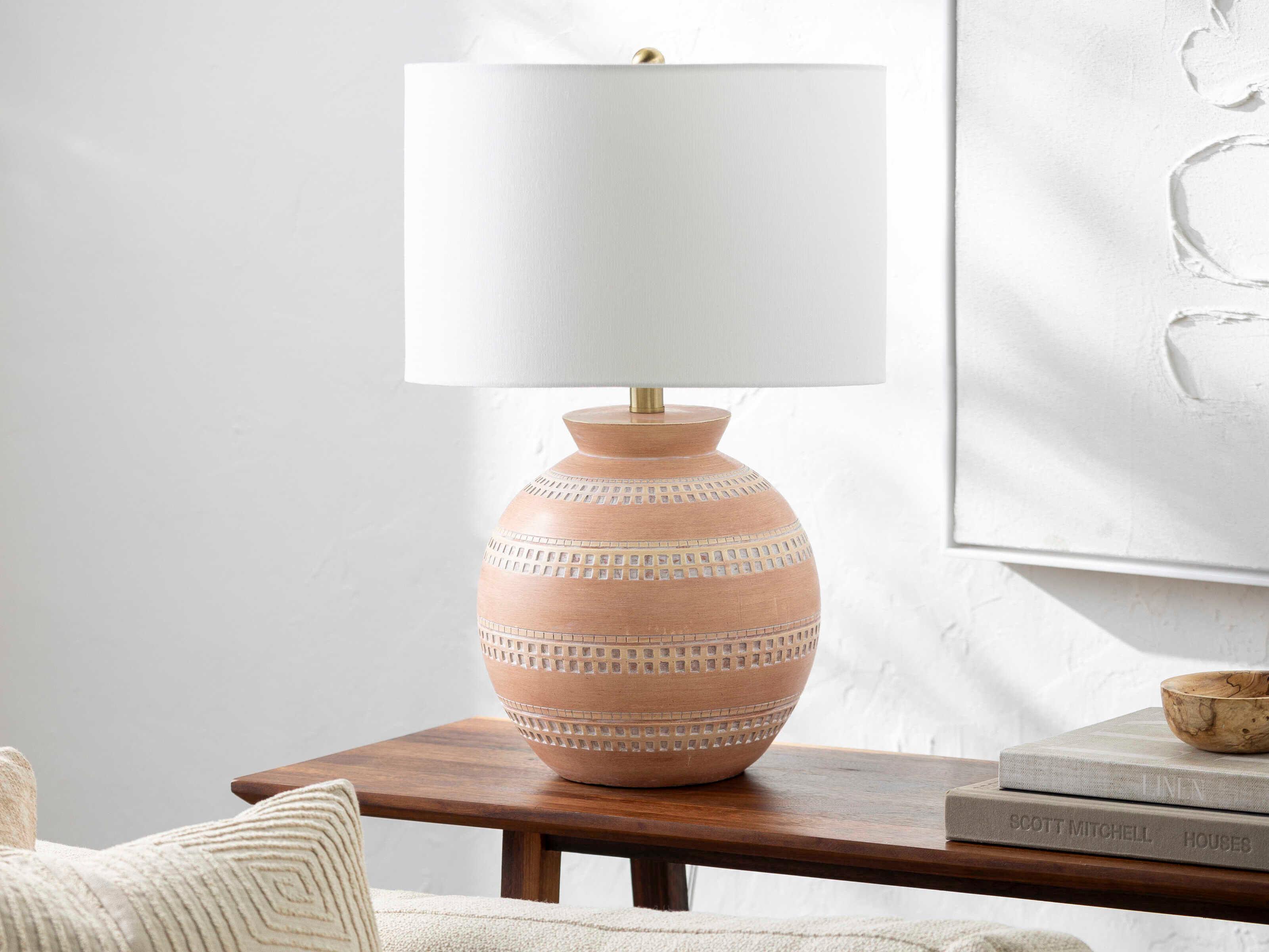 Surya Atollo Brick White Linen Brown Table Lamp