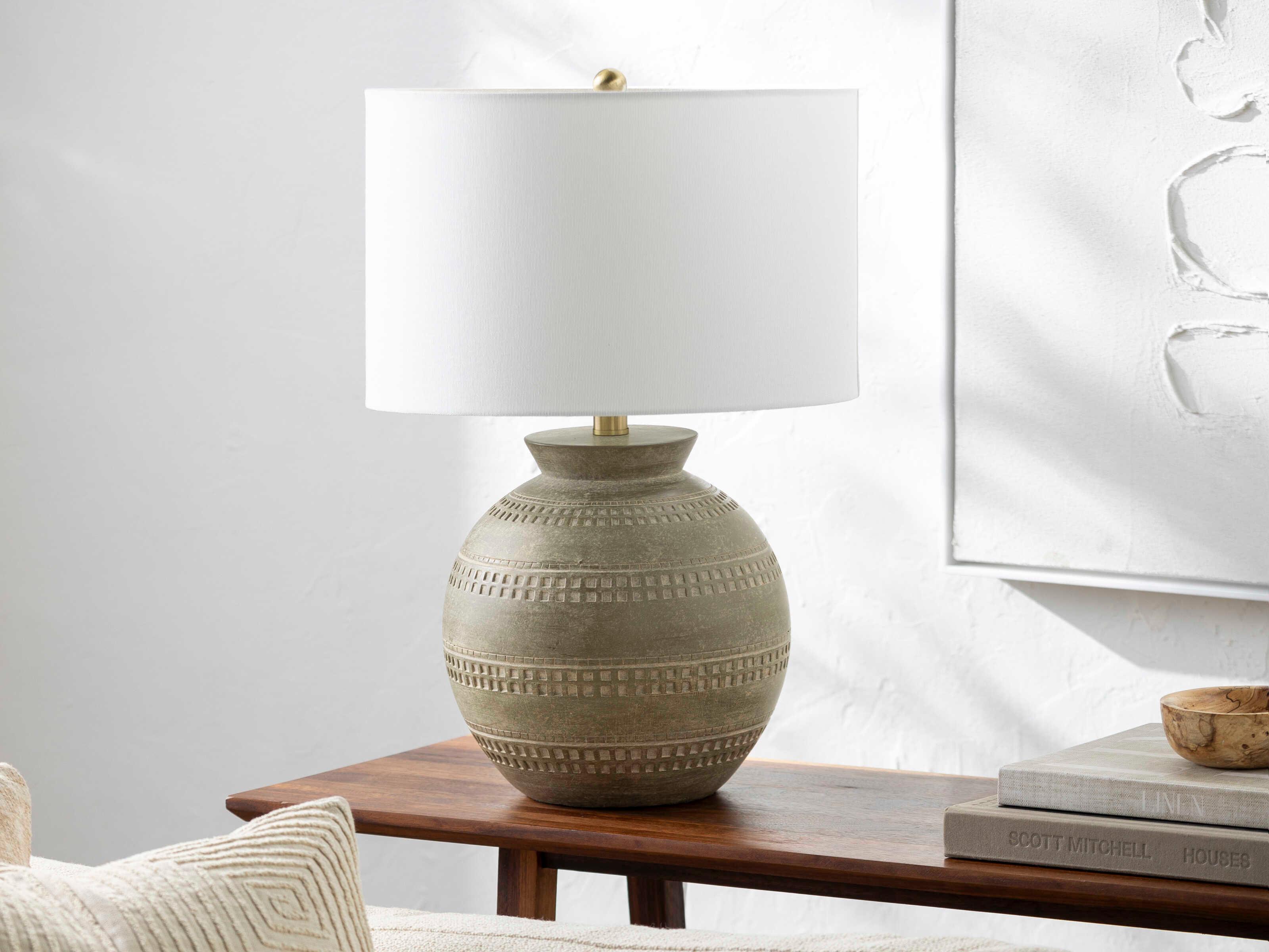 Surya Atollo Gray White Linen Green Table Lamp