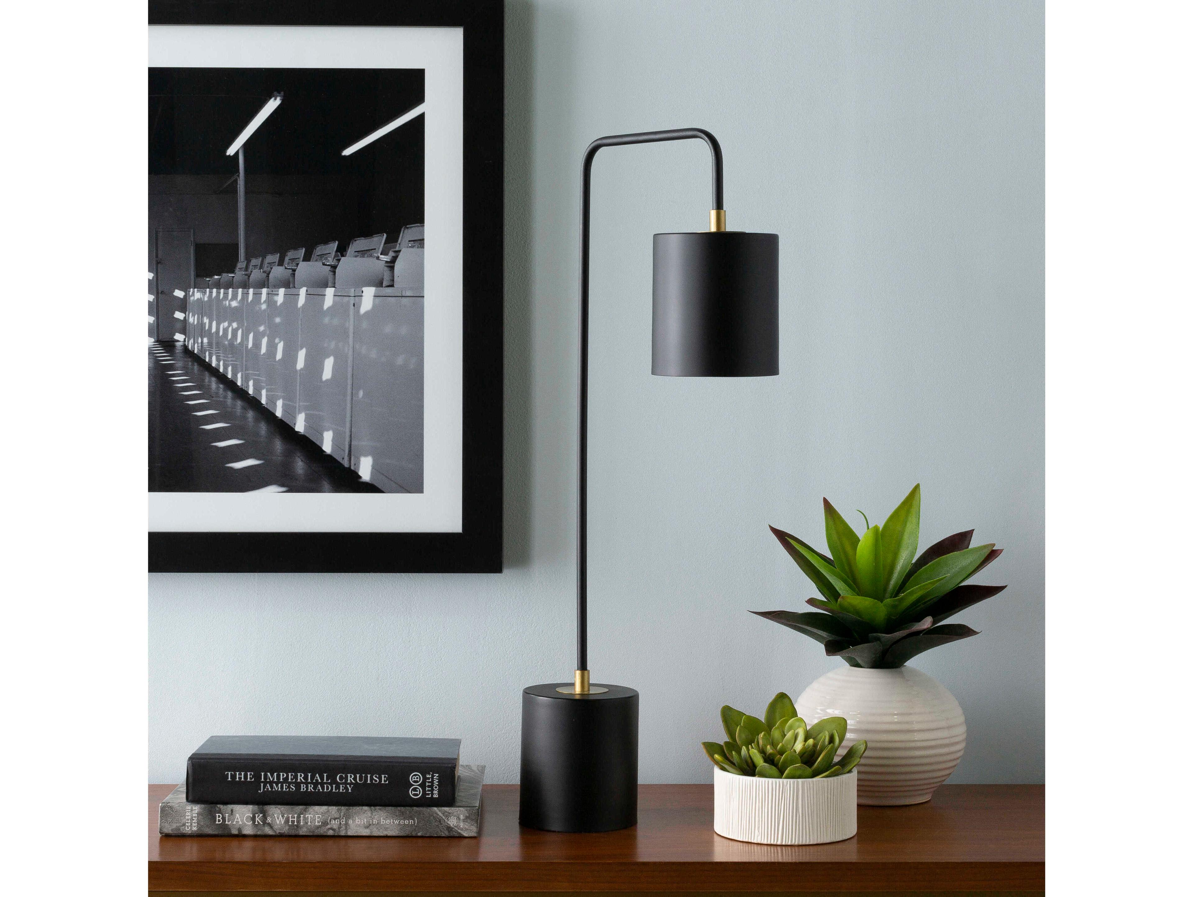 Surya Boomer Metallic Brass Black Metal Desk Lamp