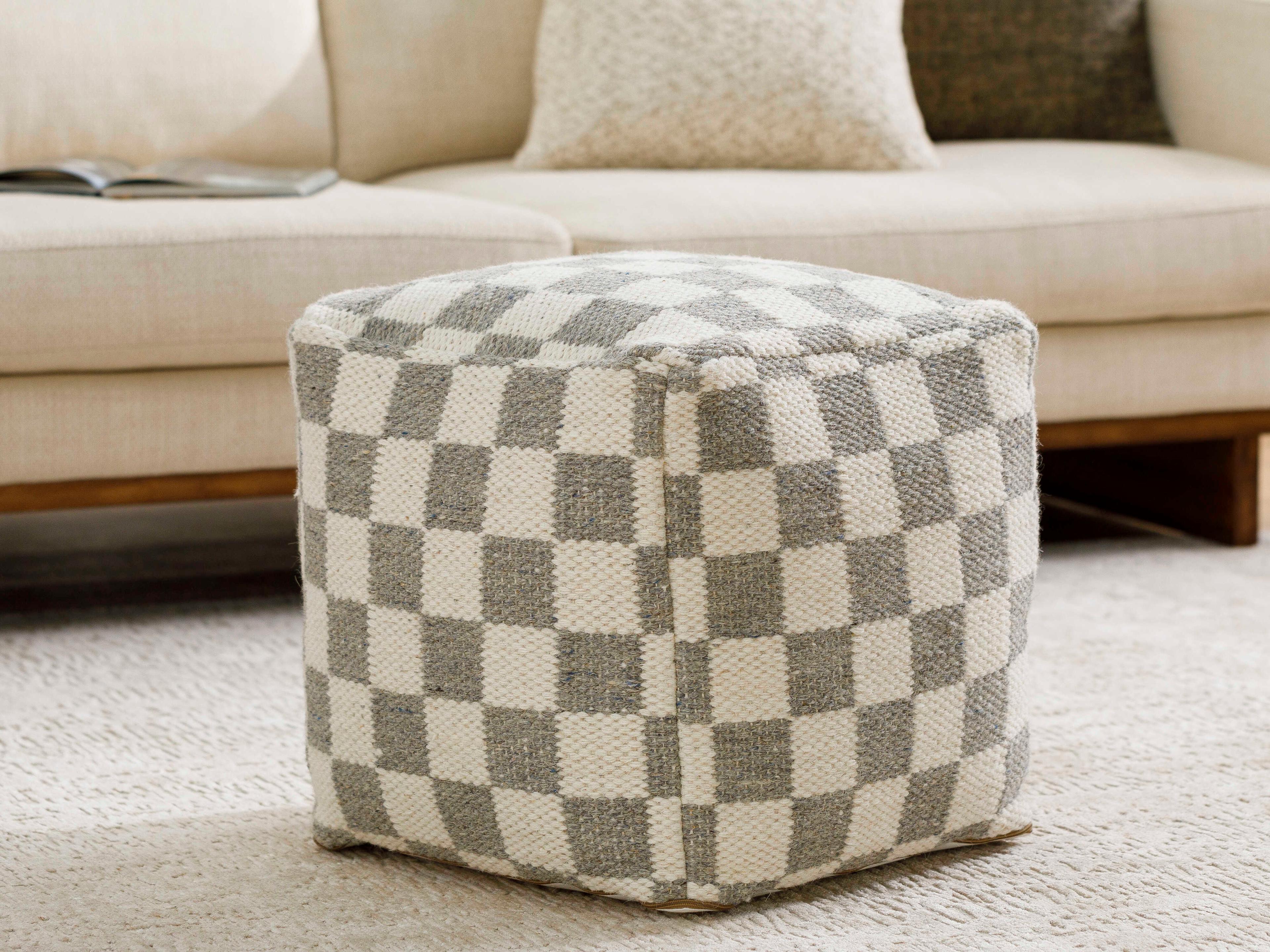 Surya Preethi Ivory Gray Upholstered Pouf