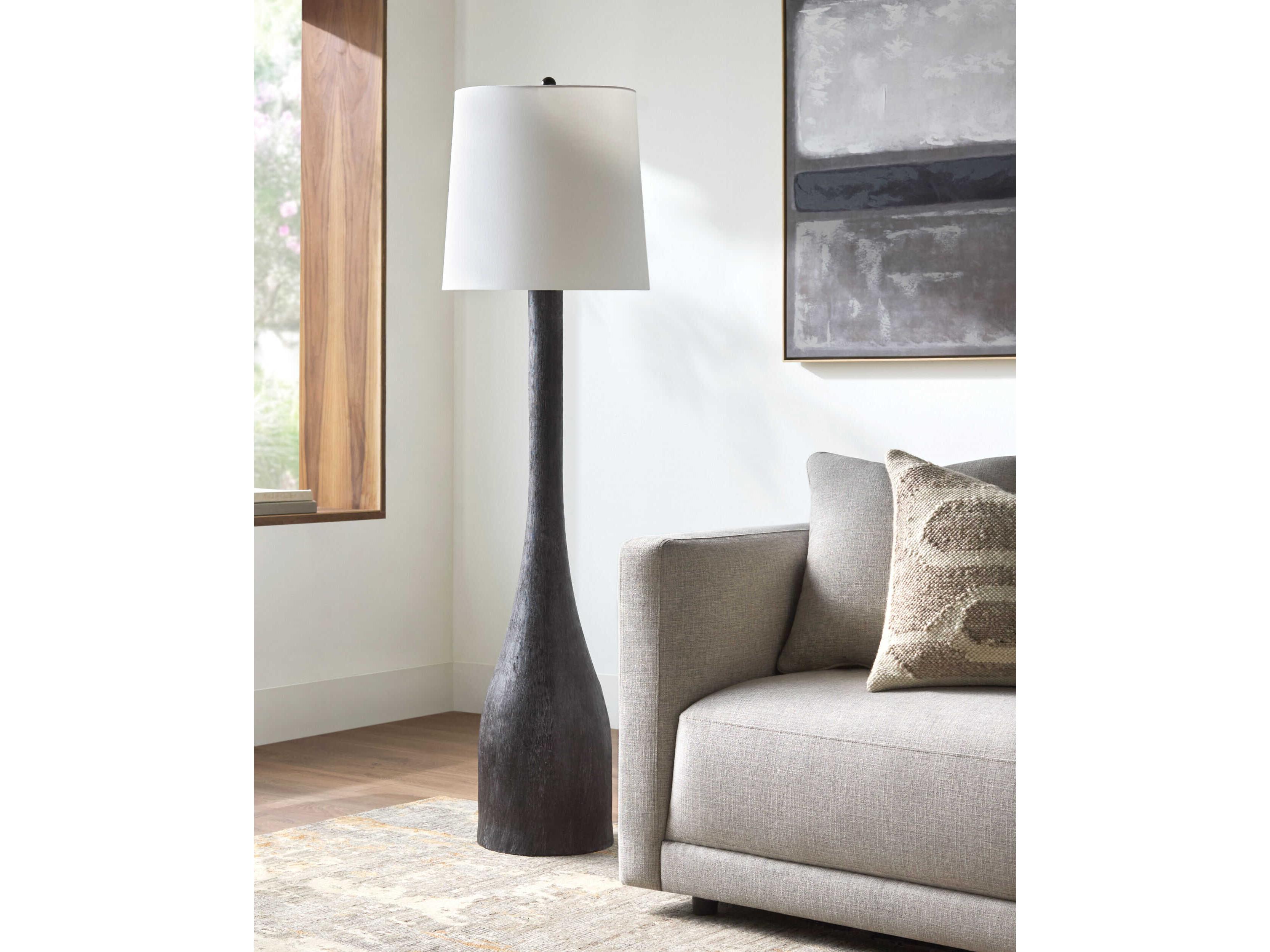 Surya Fonce Dark Brown White Linen Black Floor Lamp