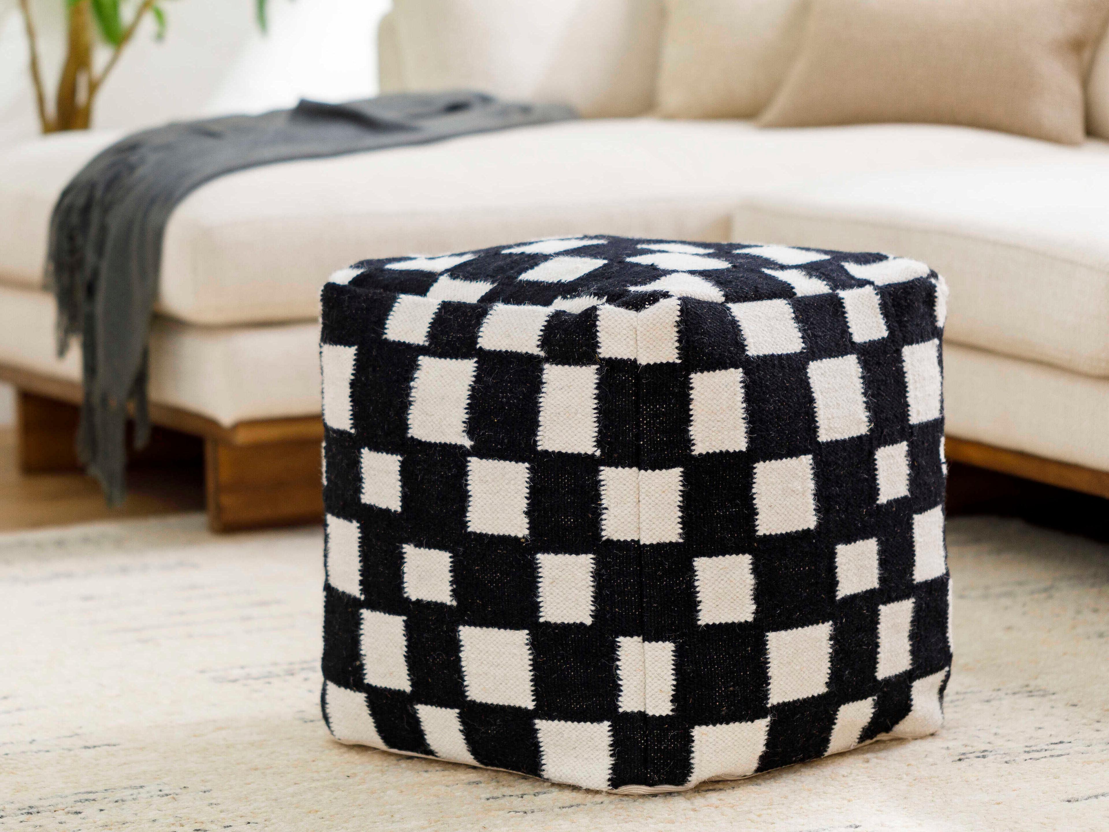 Surya Jacinta Onyx Black Upholstered Pouf