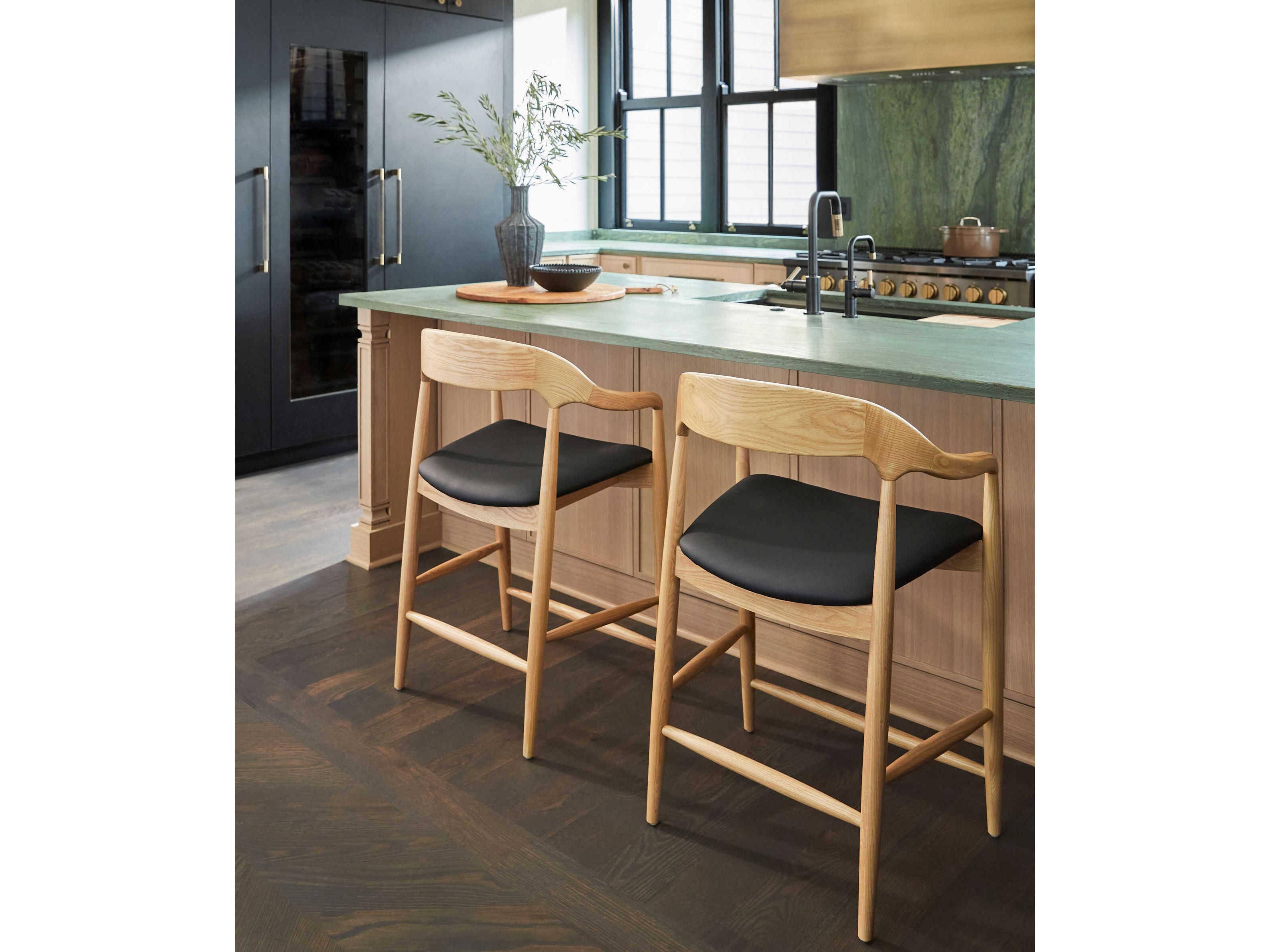 Surya Kisco Beige Black Faux Leather Ash Wood Counter Stool