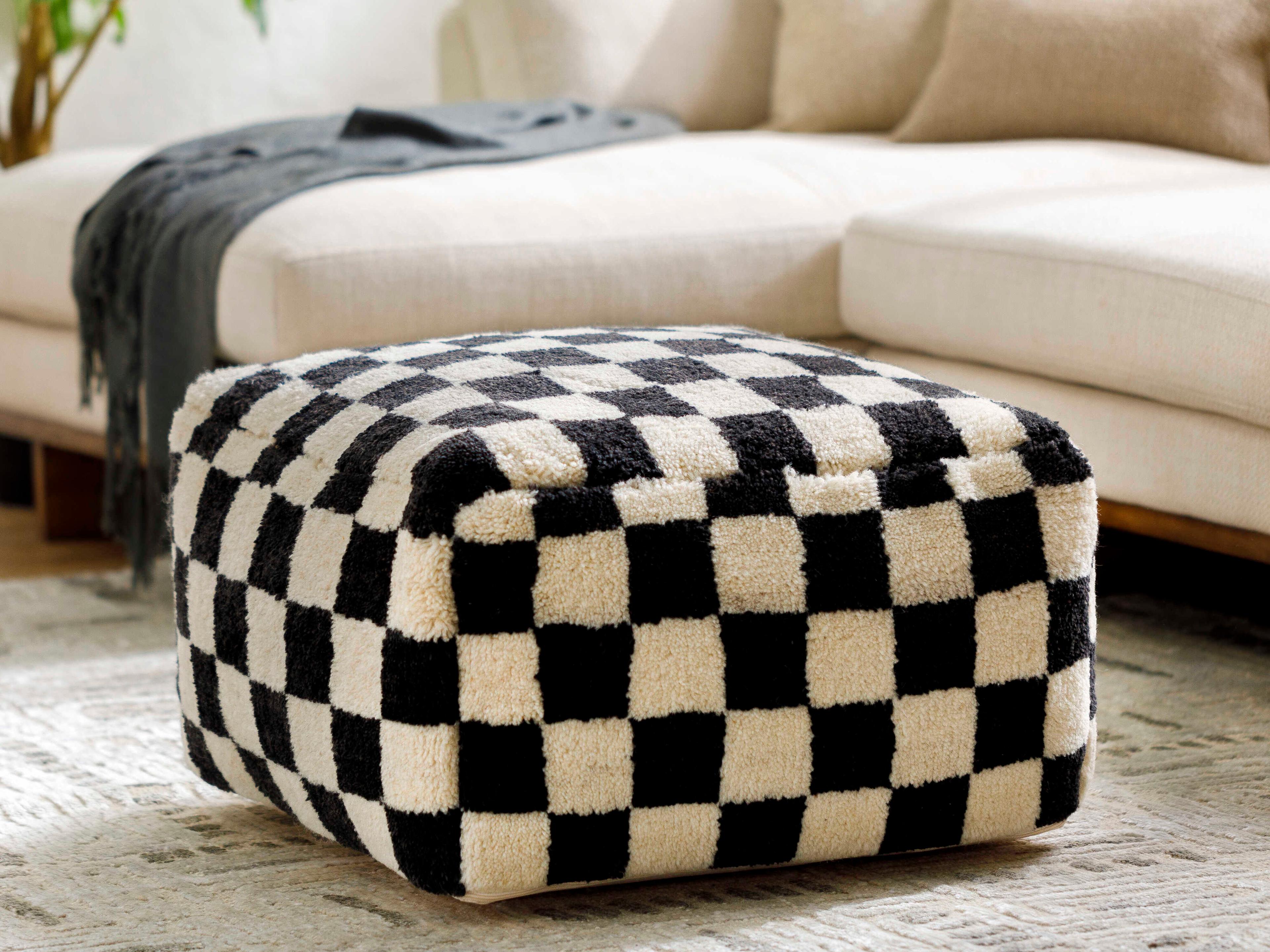 Surya Lukas Ebony Black Upholstered Pouf