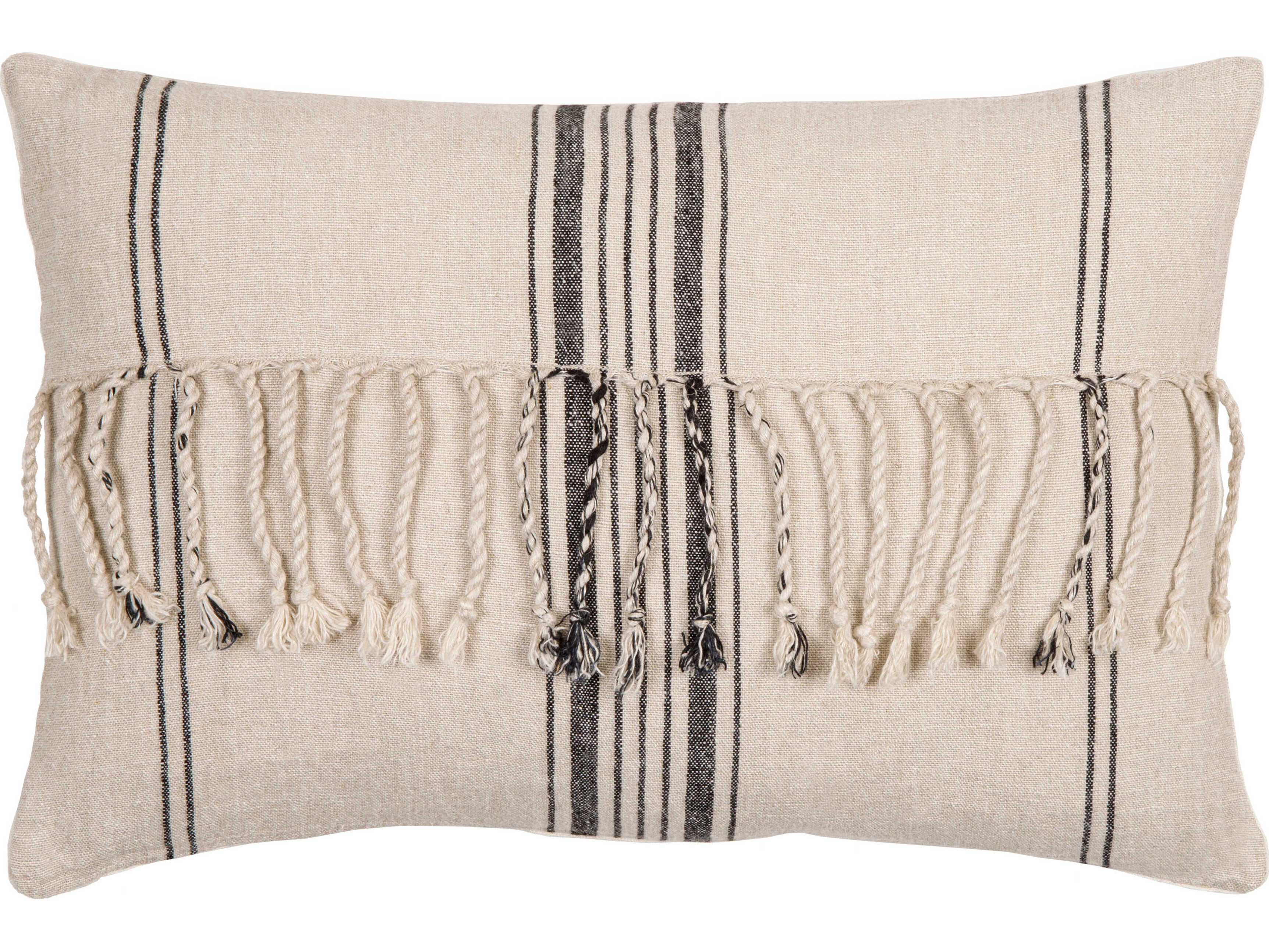 Surya Linen Stripe Embellished Cream / Light Beige / Black Pillow