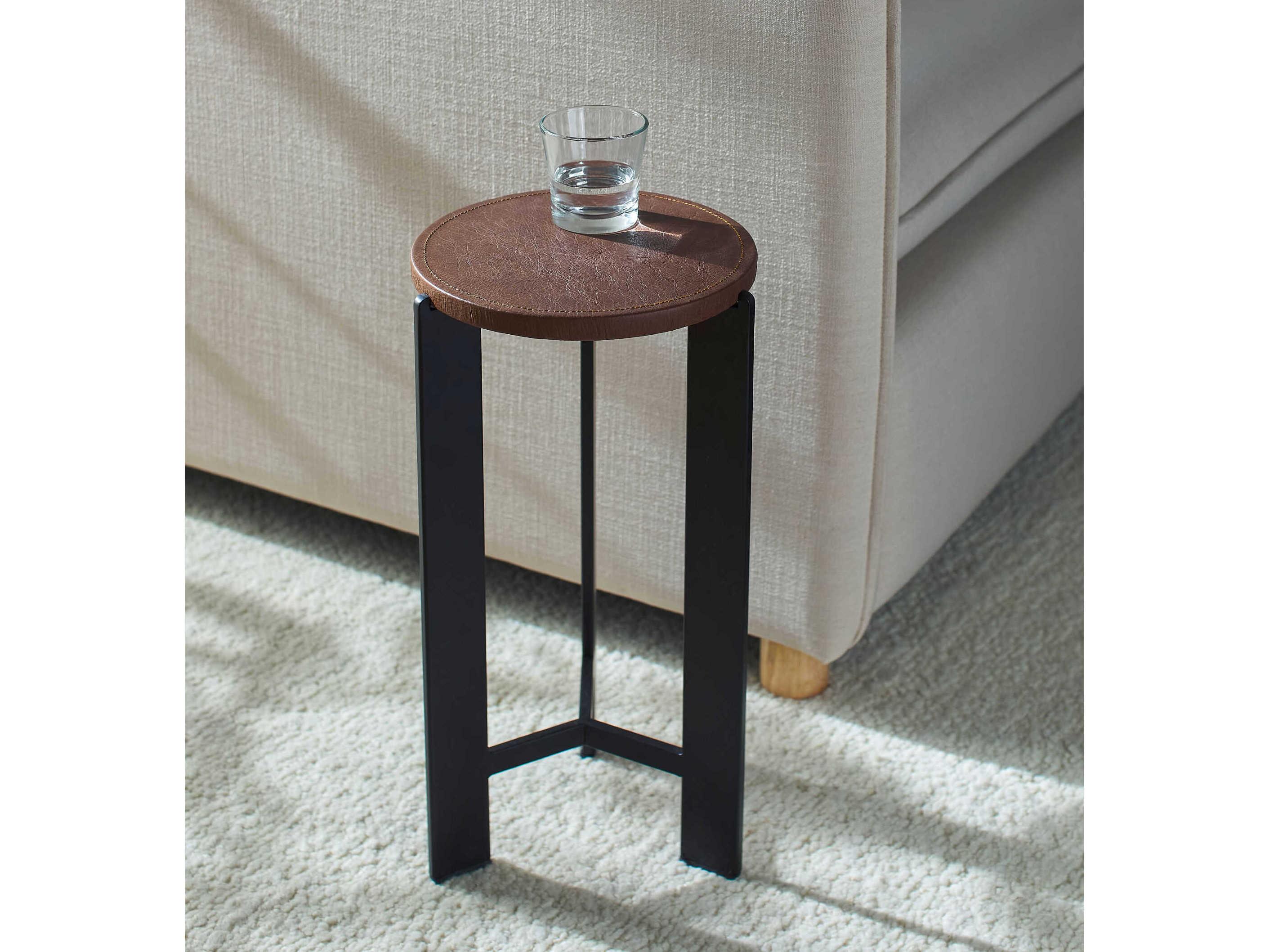 Surya Nisse Round Leather Brown Black End Table