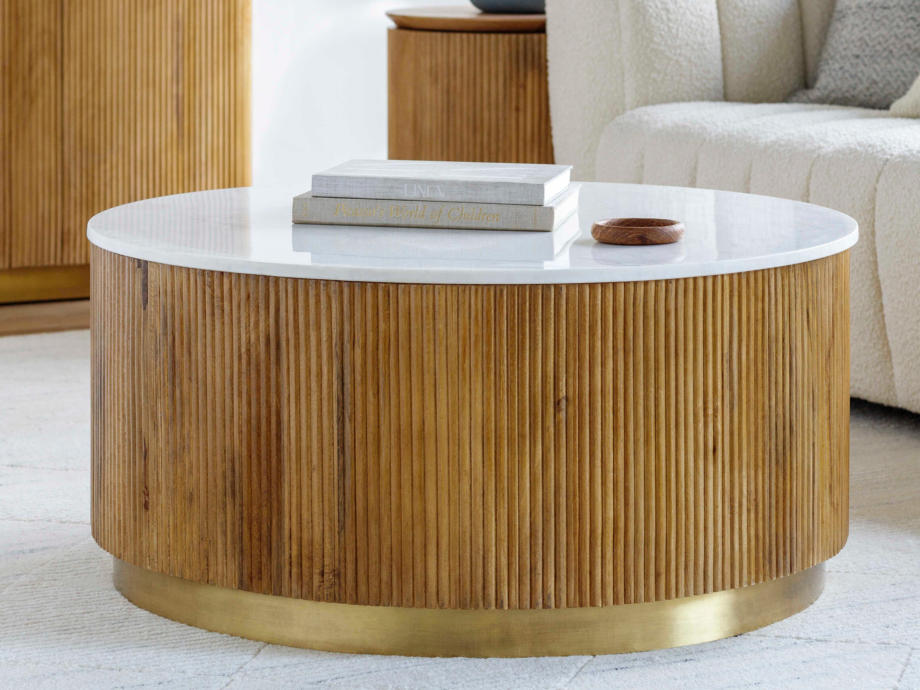 Surya Nems Round Marble White Brown Gold Coffee Table