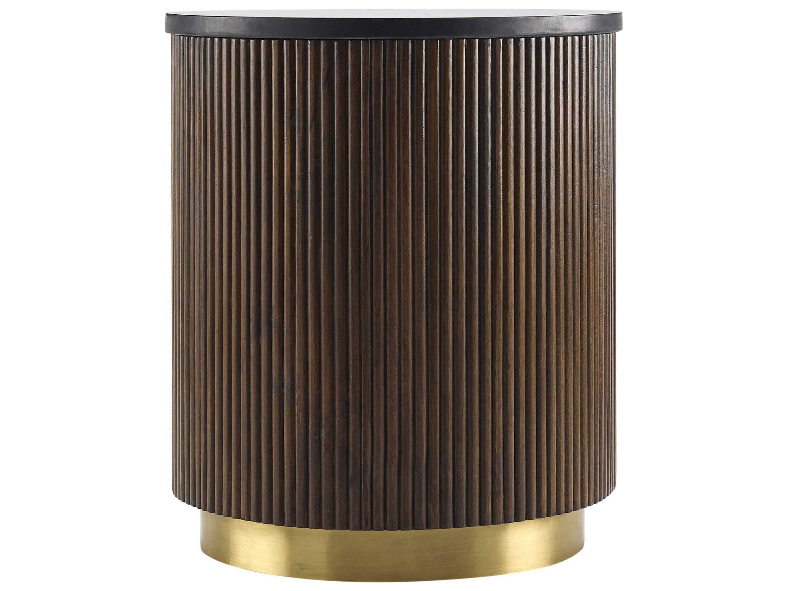 Surya Nems Round Marble Black Dark Brown Gold End Table