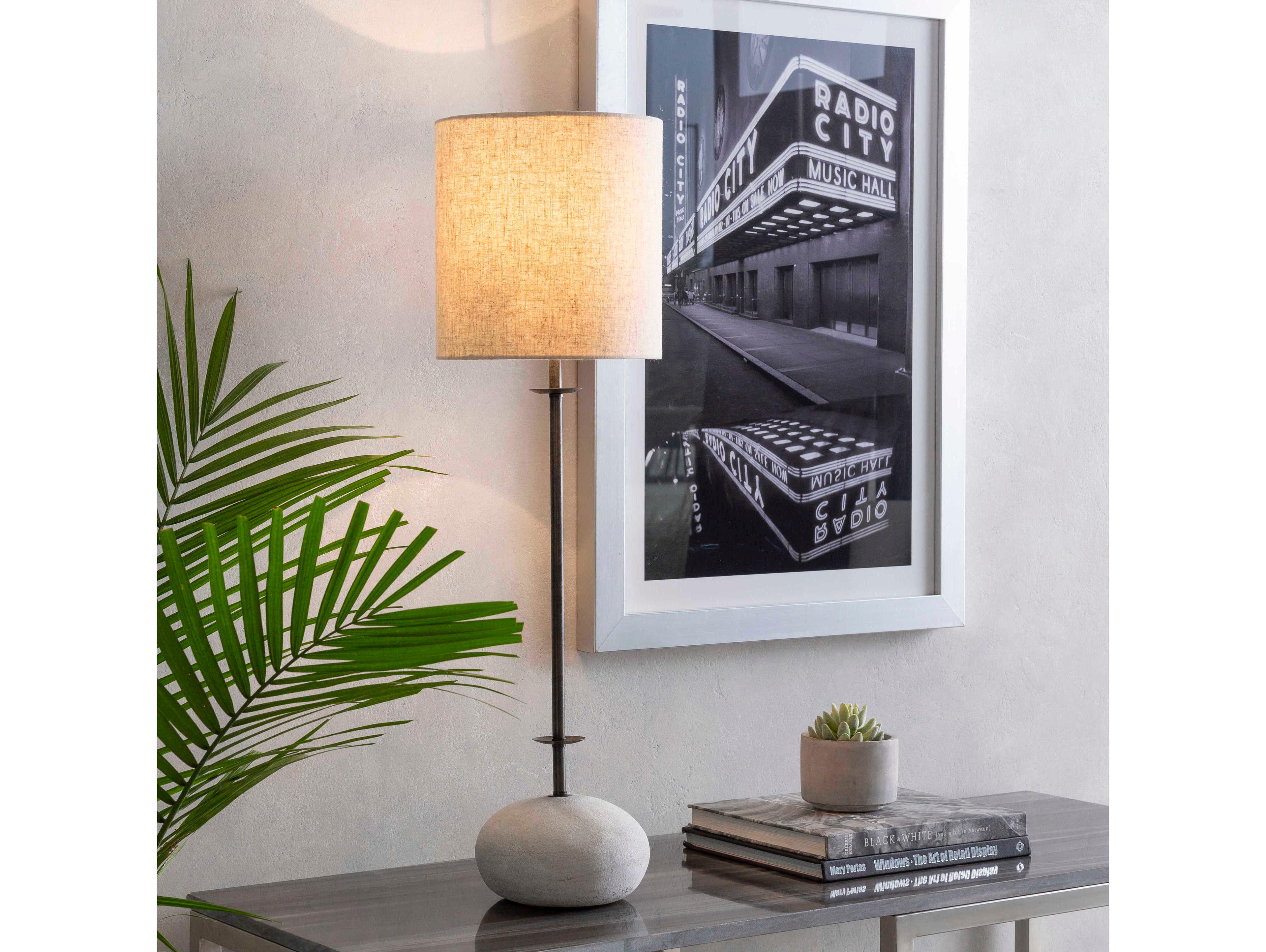 Surya Rigby Metallic Bronze Ivory Linen Gray Buffet Lamp