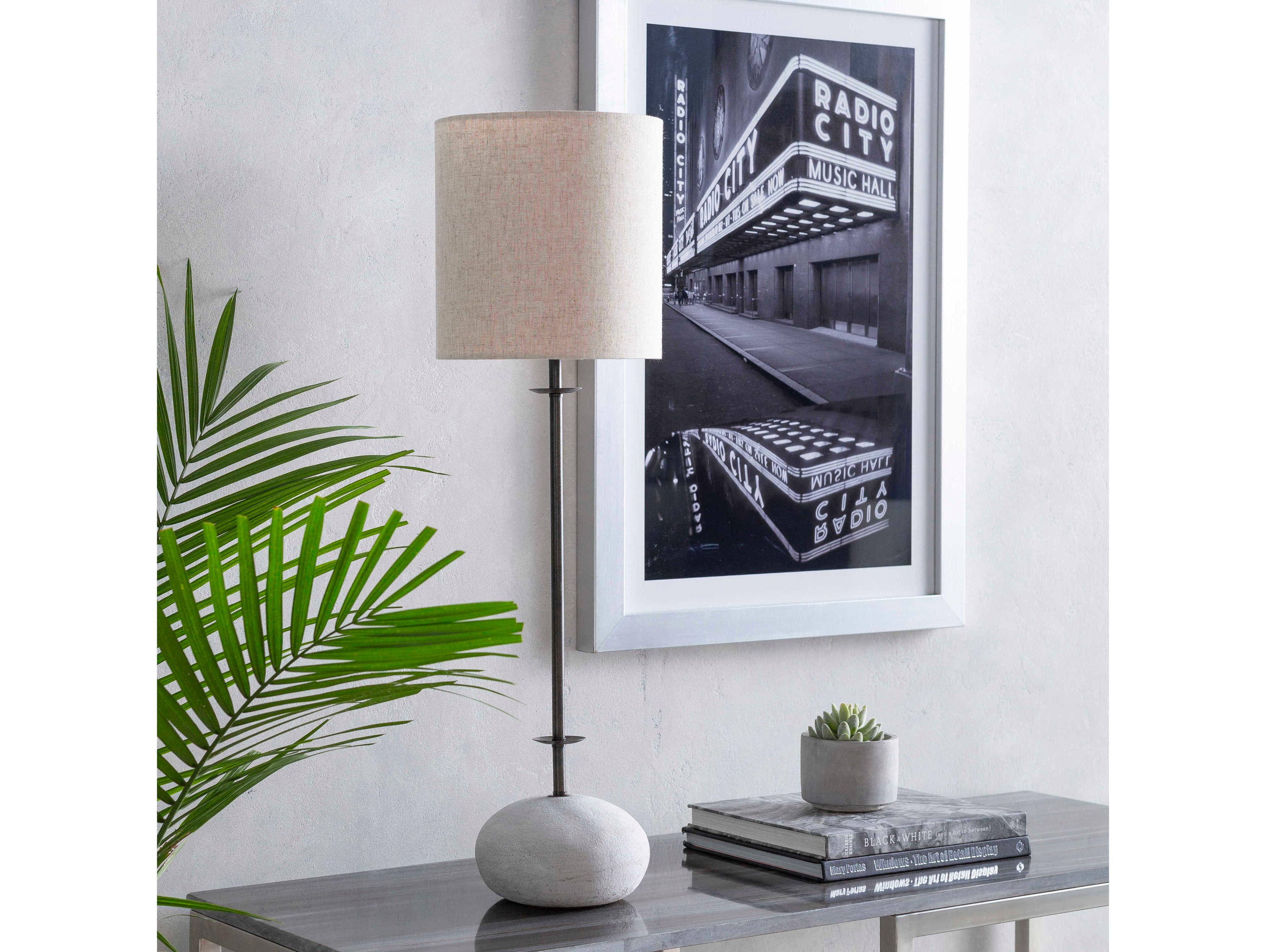 Surya Rigby Metallic Bronze Ivory Linen Gray Buffet Lamp