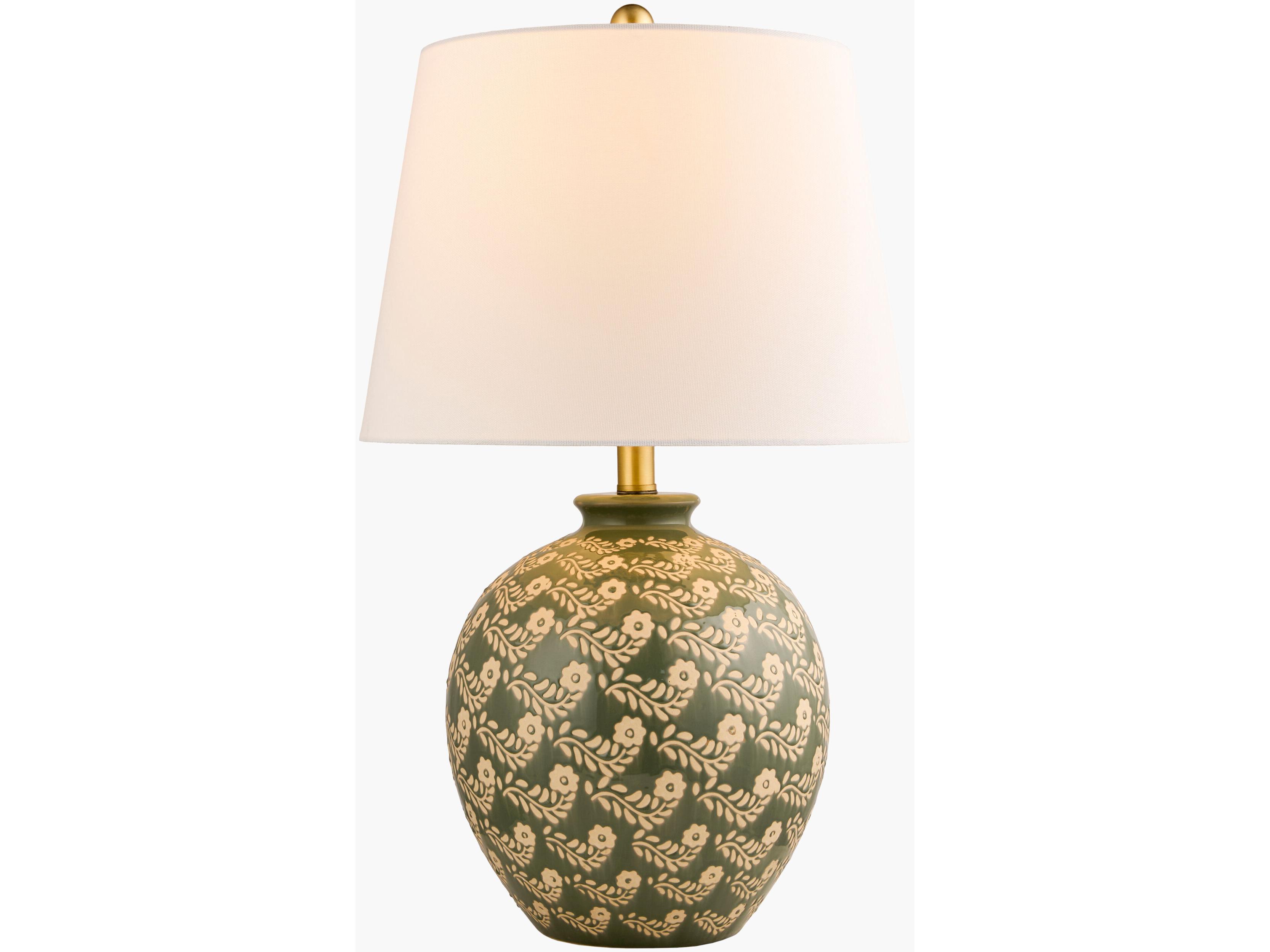 Surya Supino Dark Green White Linen Table Lamp