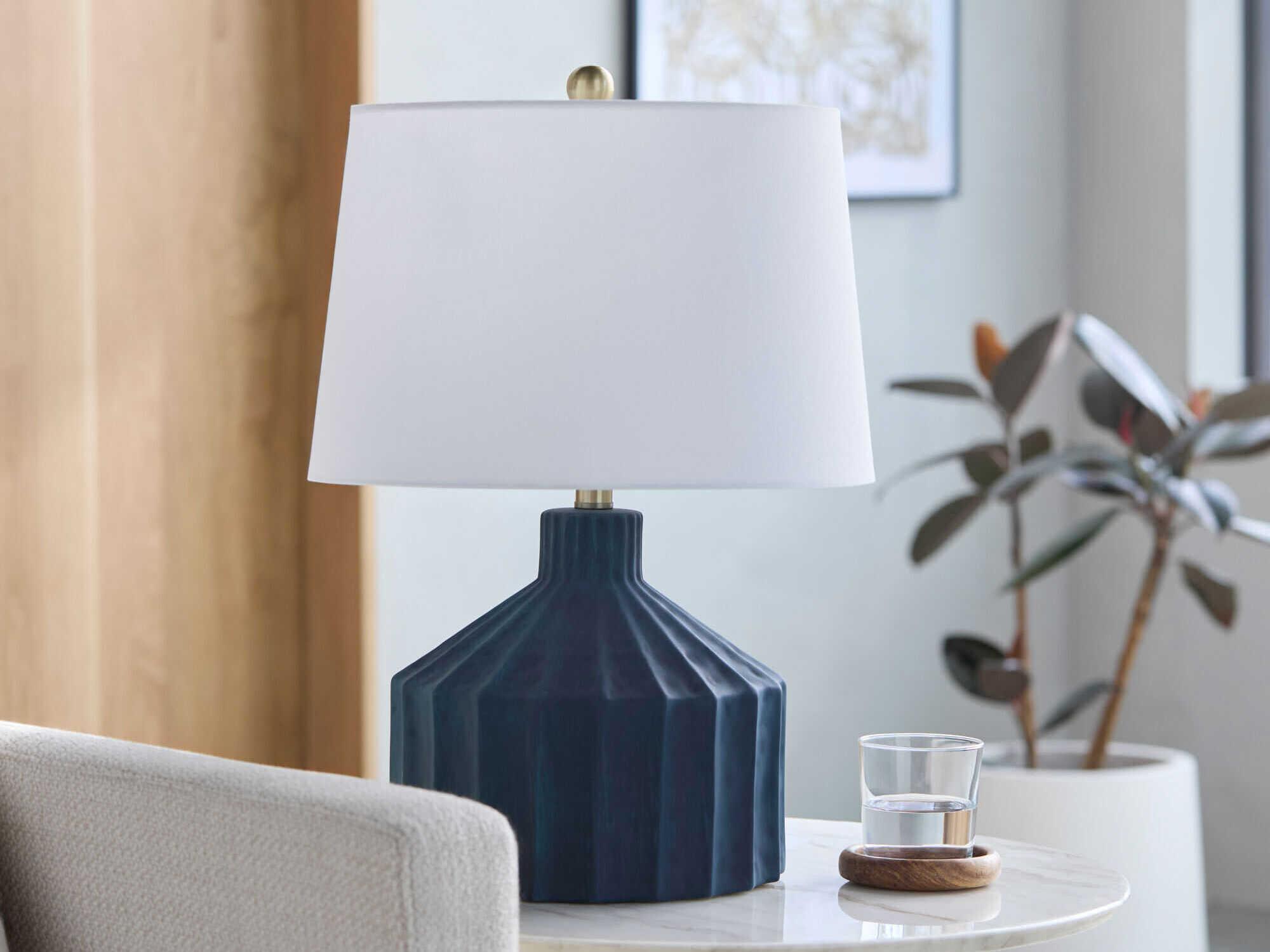 Surya Tibida Dark Blue White Linen Black Table Lamp
