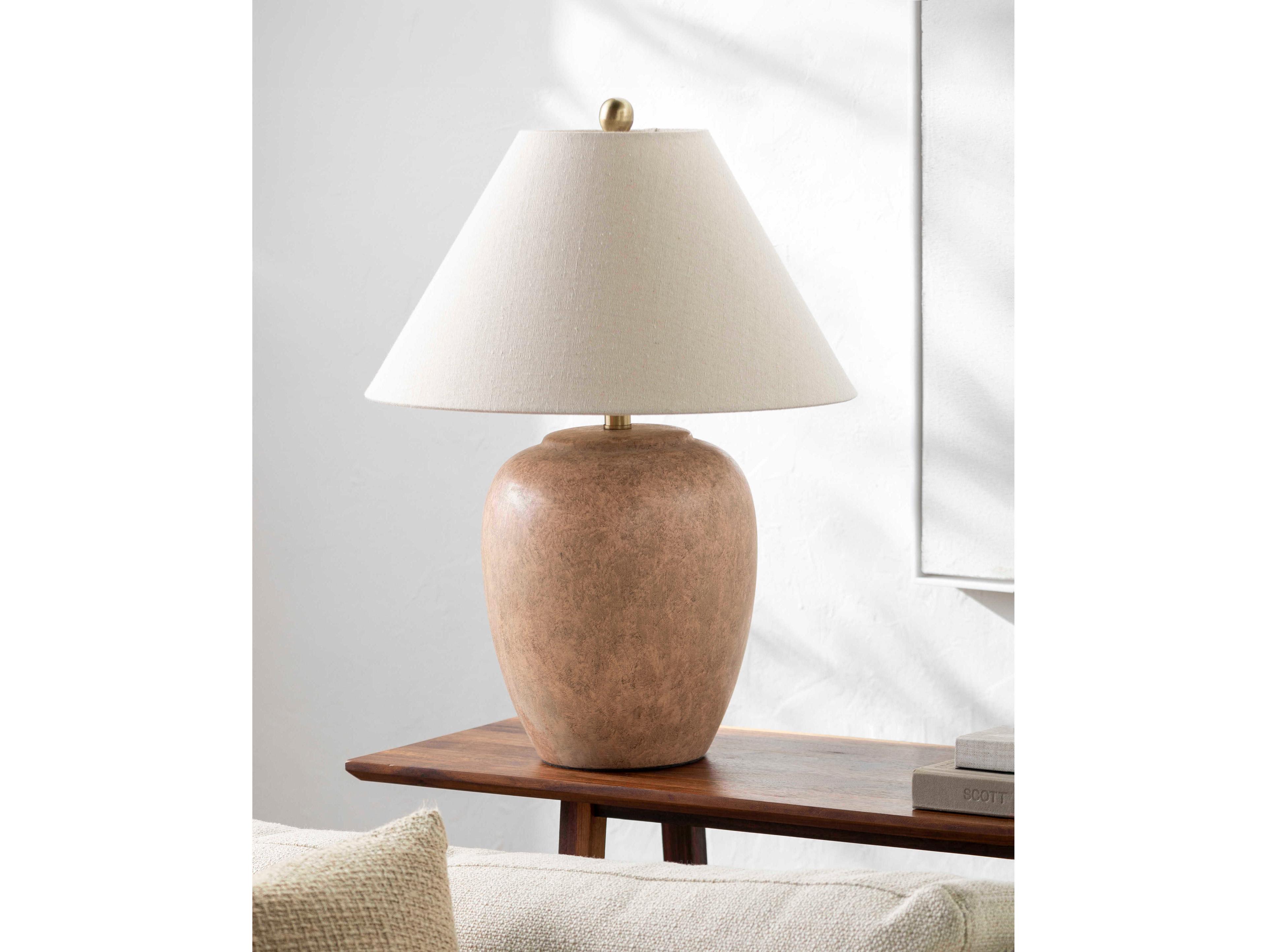 Surya Turin Pink White Beige Linen Brown Table Lamp