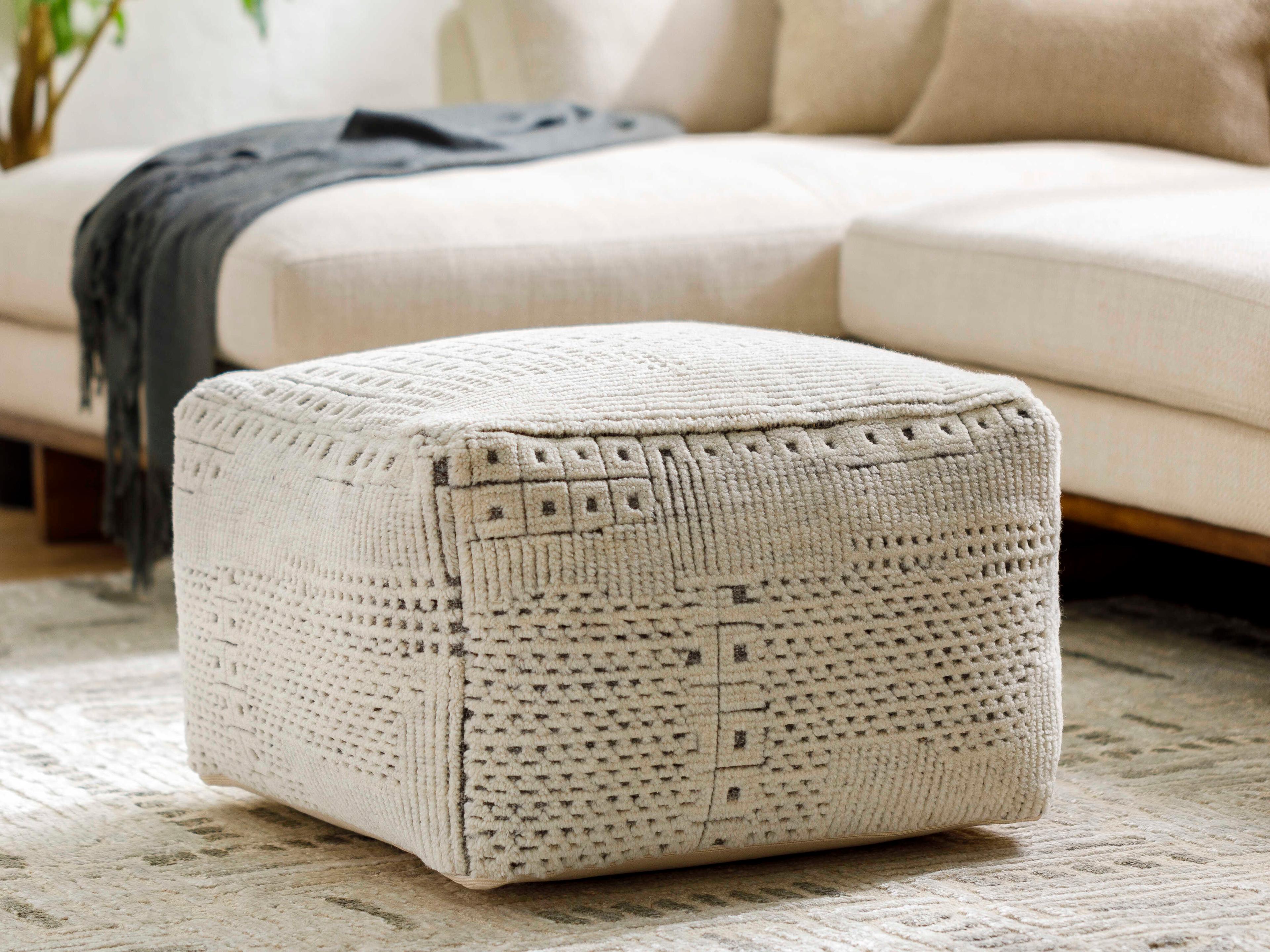 Surya Tunisia Ivory Beige Upholstered Pouf