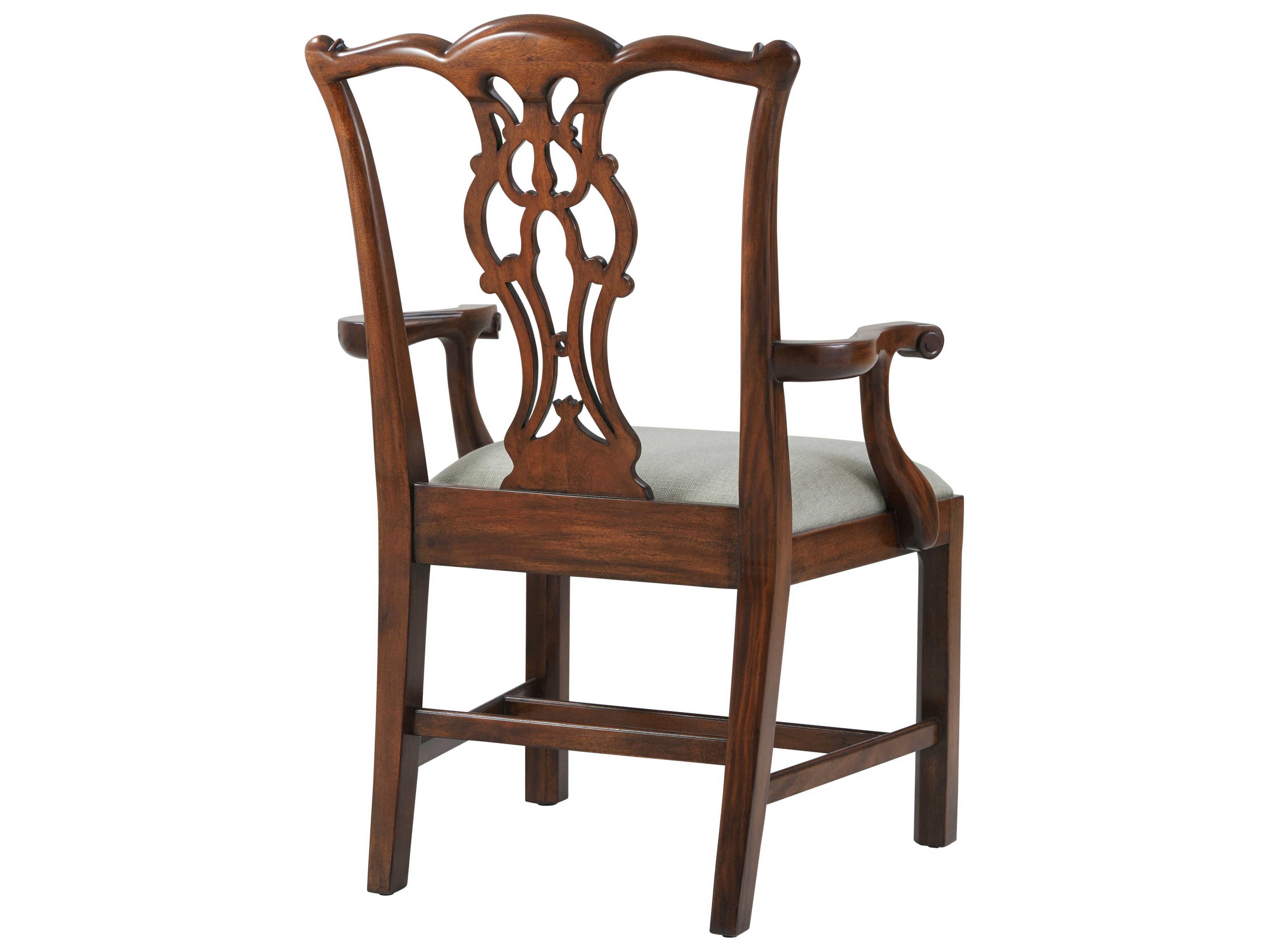 Theodore Alexander Essential Mahogany Wood Brown Upholstered Arm Dining Chair
