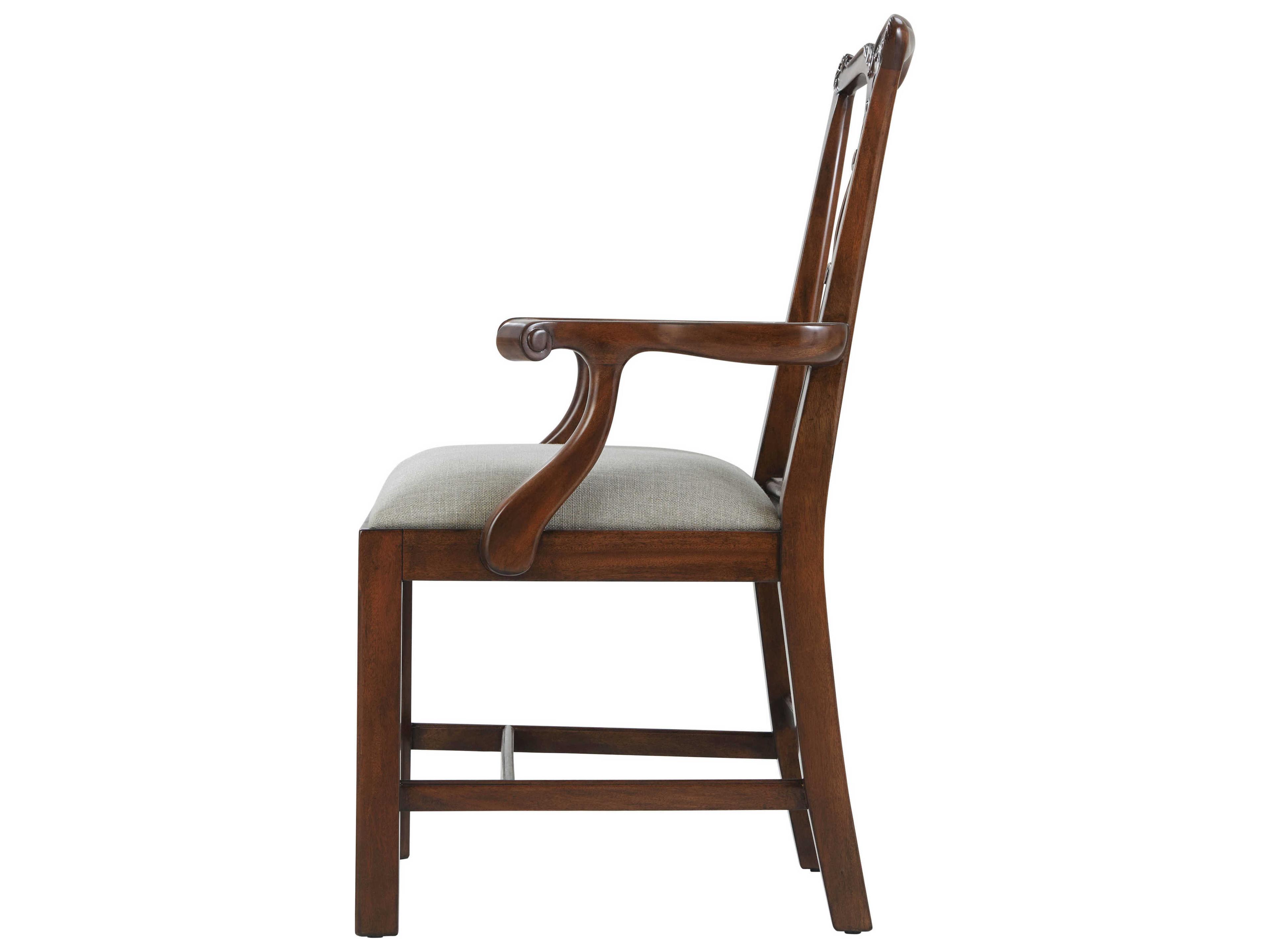 Theodore Alexander Essential Mahogany Wood Brown Upholstered Arm Dining Chair