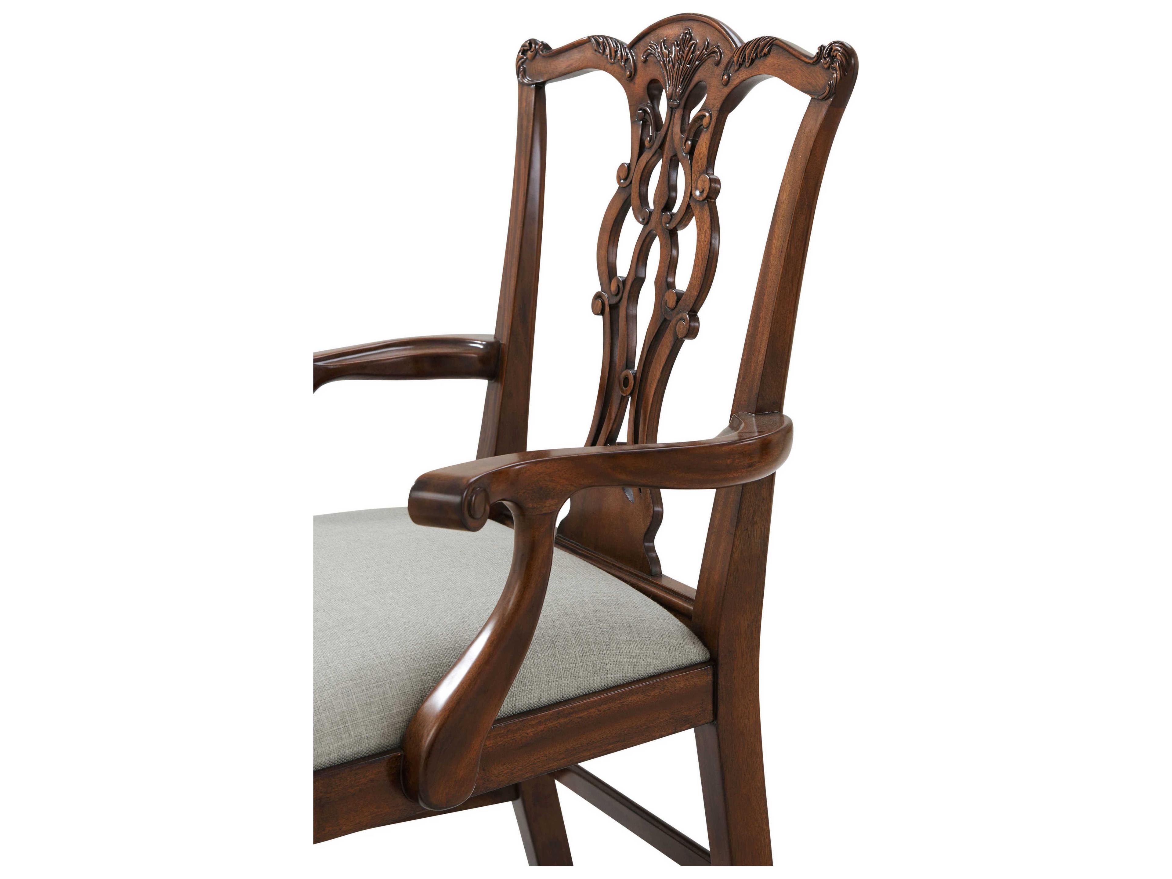 Theodore Alexander Essential Mahogany Wood Brown Upholstered Arm Dining Chair