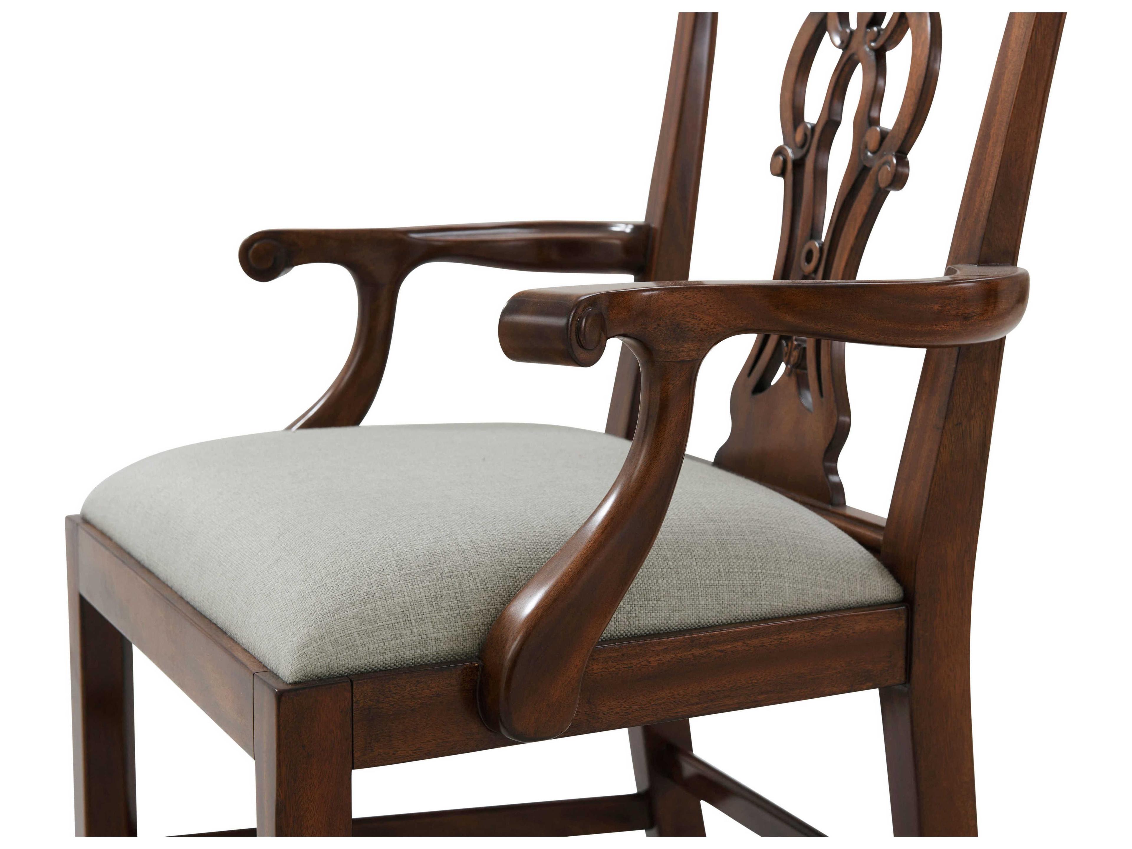 Theodore Alexander Essential Mahogany Wood Brown Upholstered Arm Dining Chair