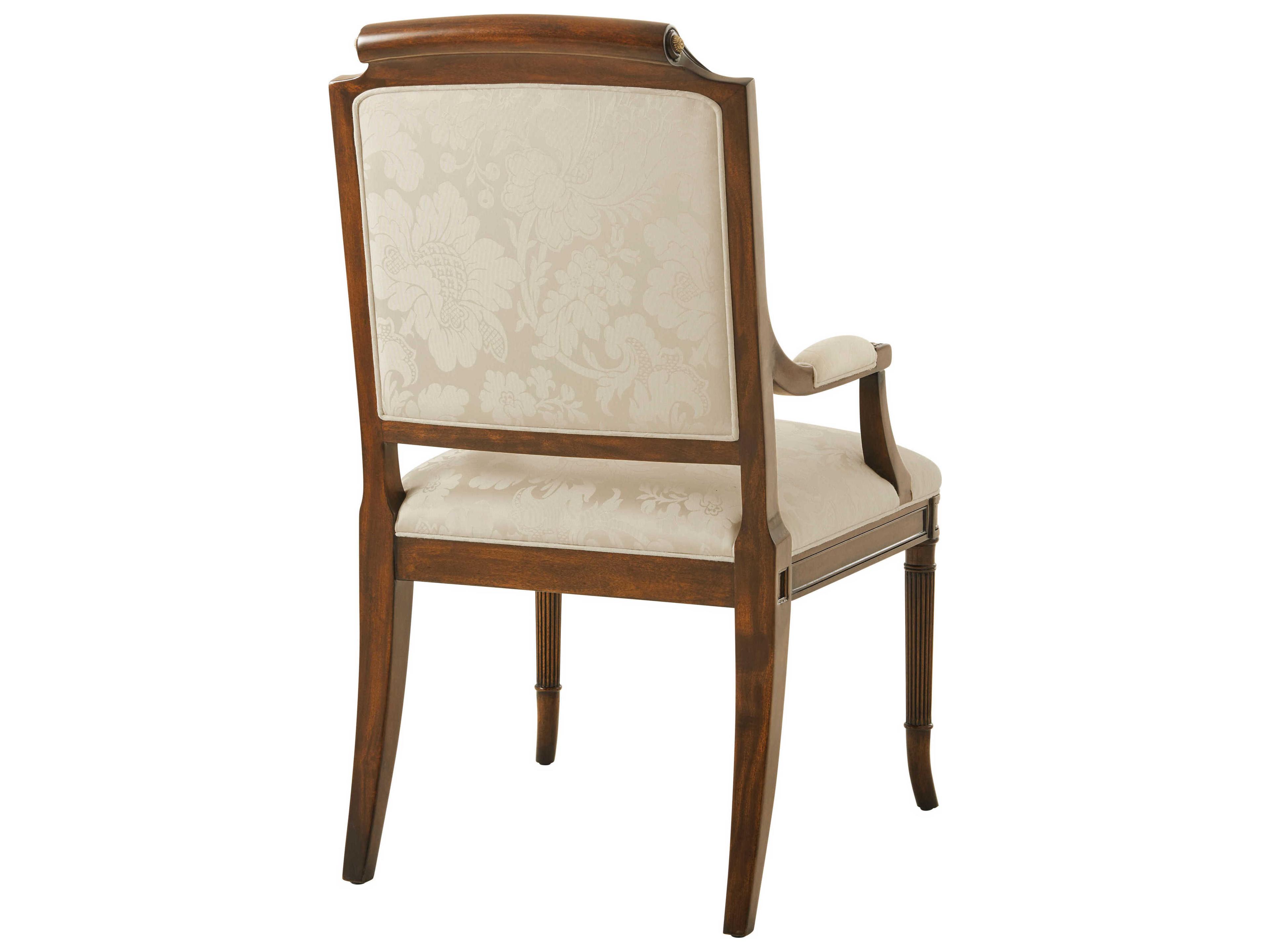 Theodore Alexander English Cabinet Maker Mahogany Wood Beige Upholstered Arm Dining Chair