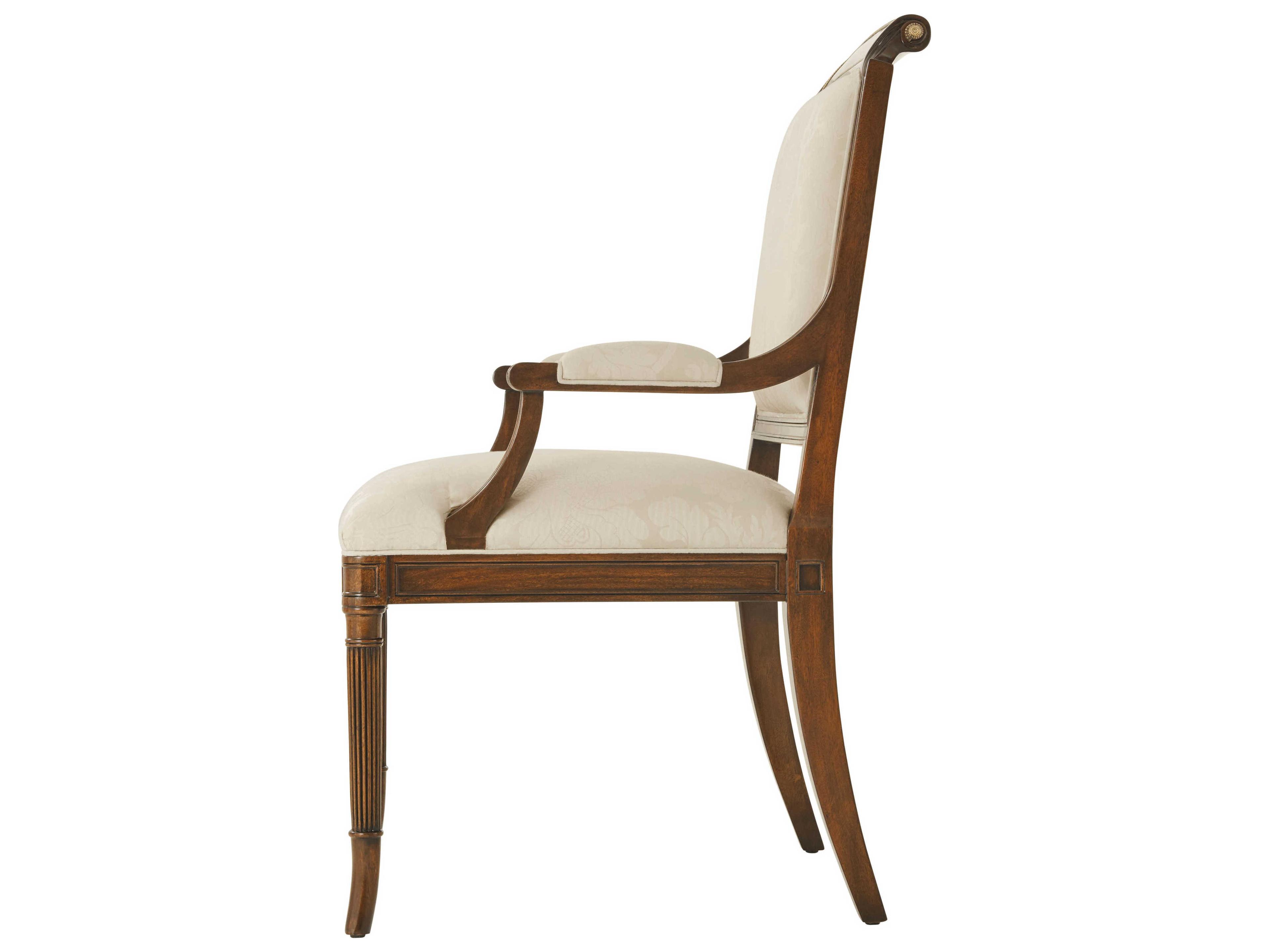 Theodore Alexander English Cabinet Maker Mahogany Wood Beige Upholstered Arm Dining Chair