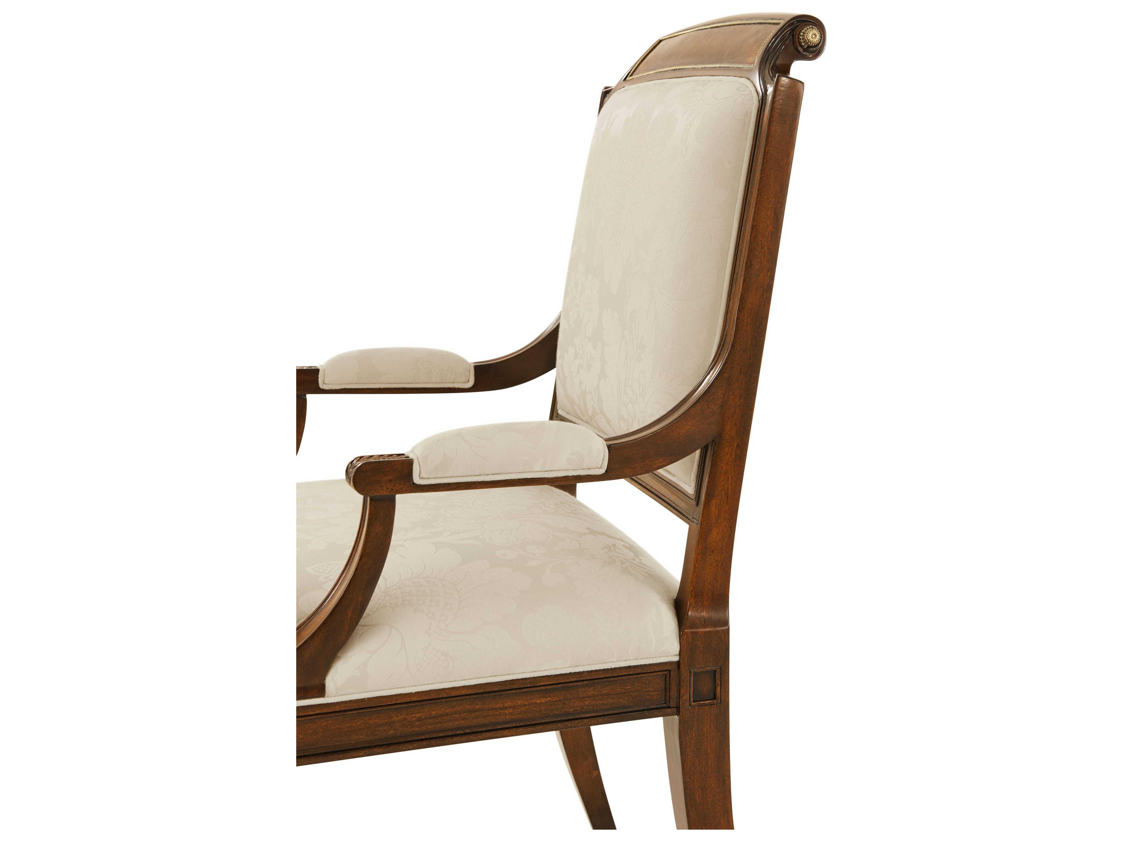 Theodore Alexander English Cabinet Maker Mahogany Wood Beige Upholstered Arm Dining Chair