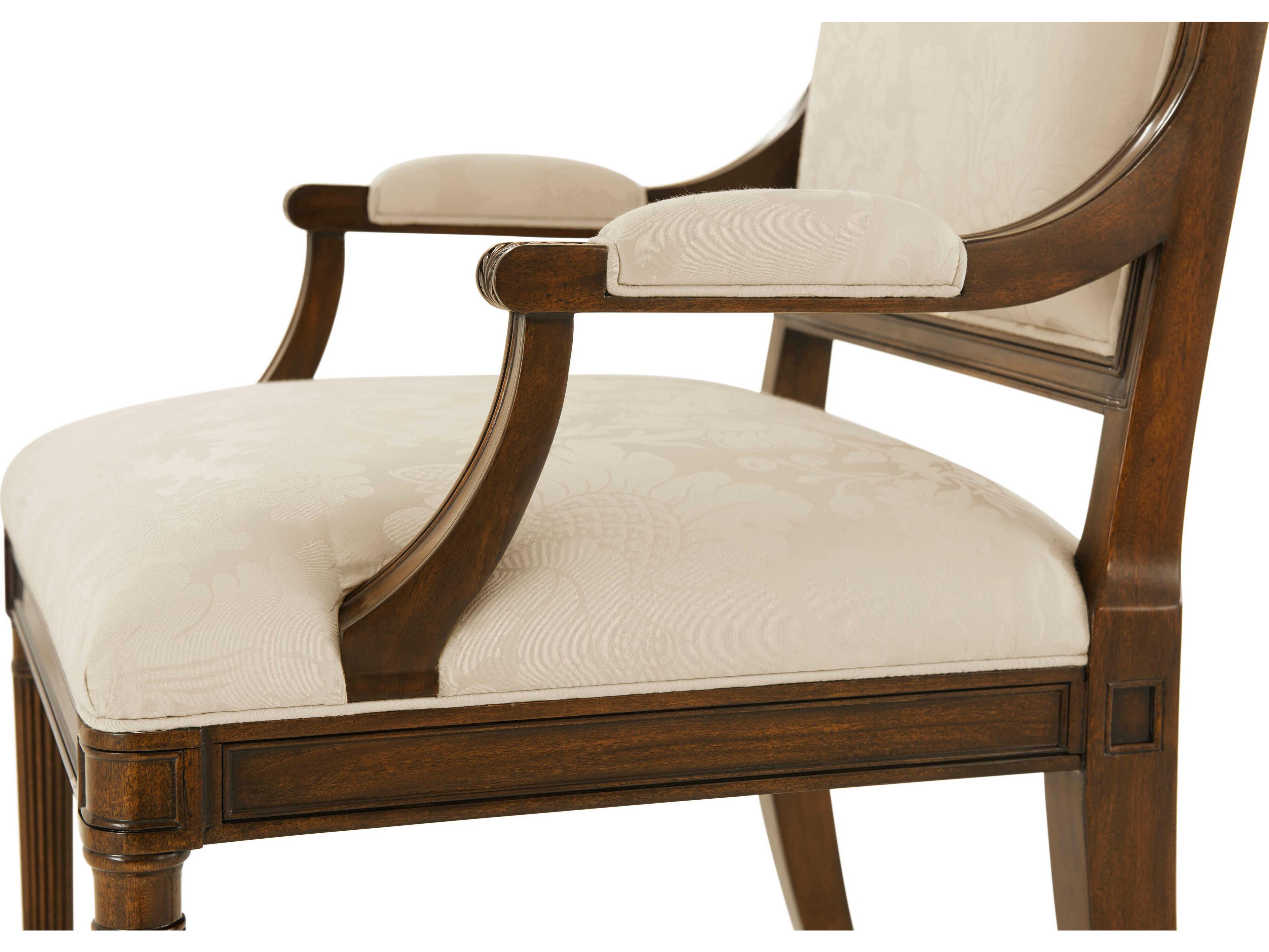 Theodore Alexander English Cabinet Maker Mahogany Wood Beige Upholstered Arm Dining Chair