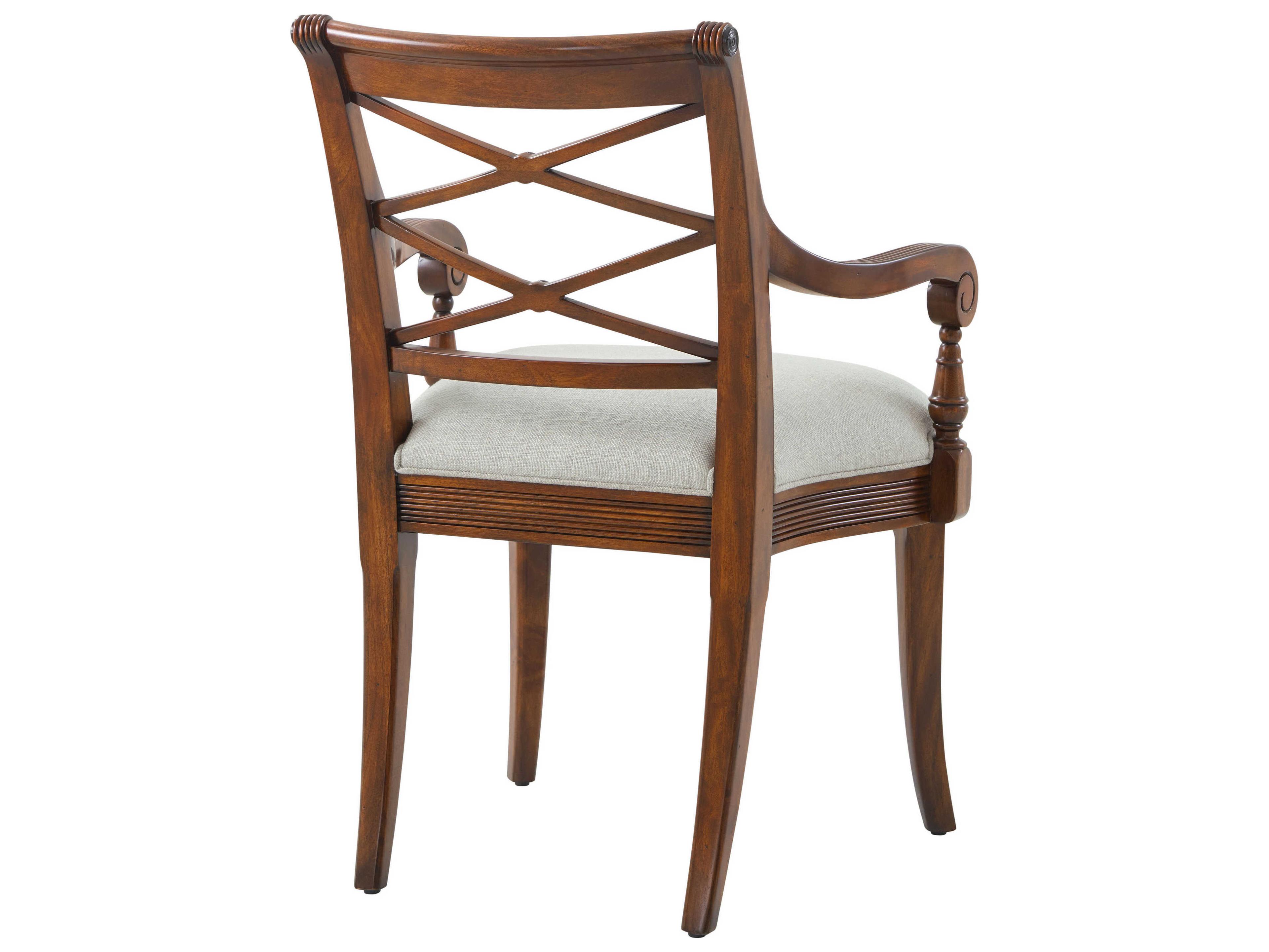 Theodore Alexander Essential Mahogany Wood Brown Upholstered Arm Dining Chair