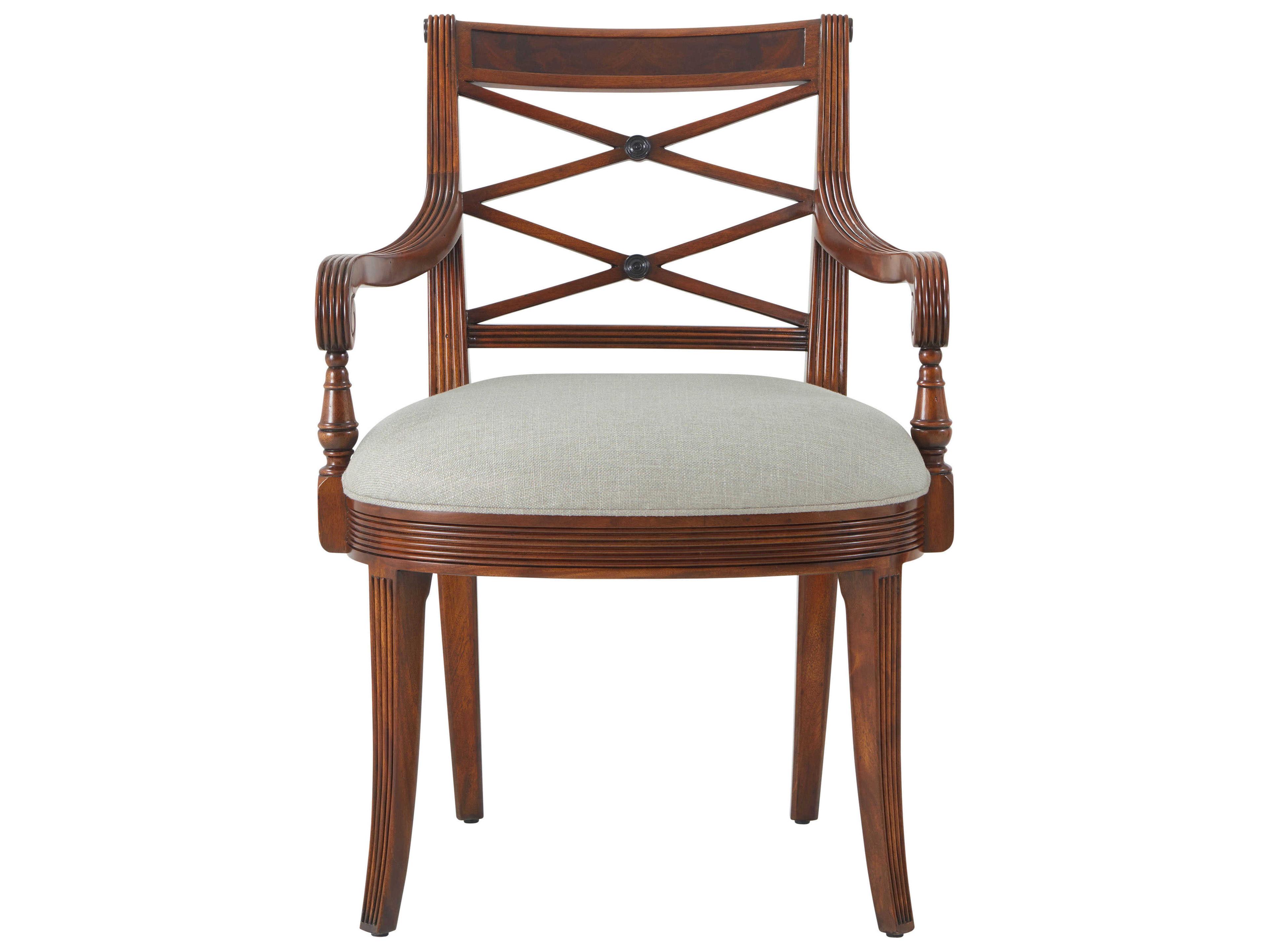 Theodore Alexander Essential Mahogany Wood Brown Upholstered Arm Dining Chair