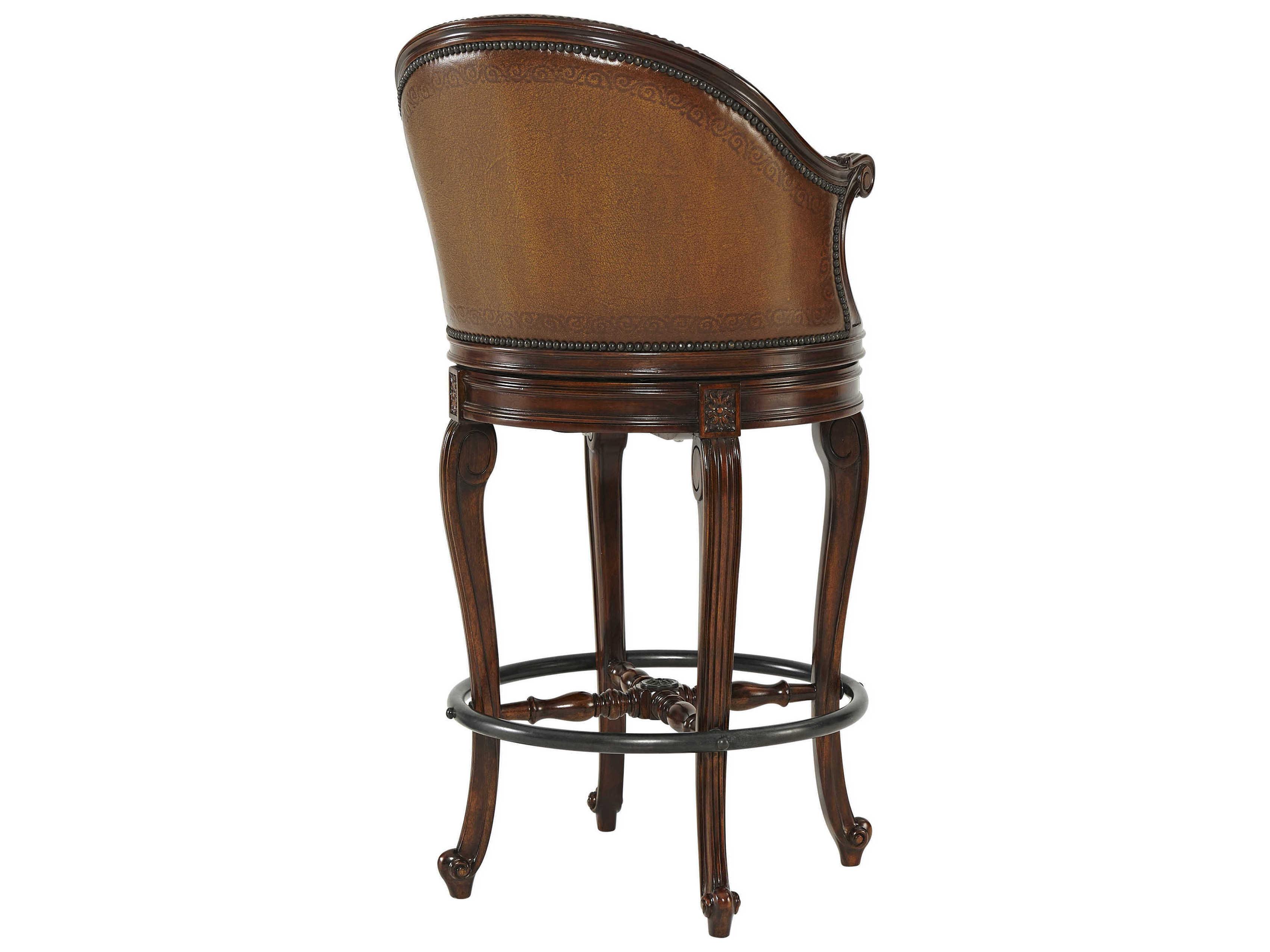 Theodore Alexander Louis Xv Leather Swivel Upholstered Walnut Wood Acacia Brass Bar Stool