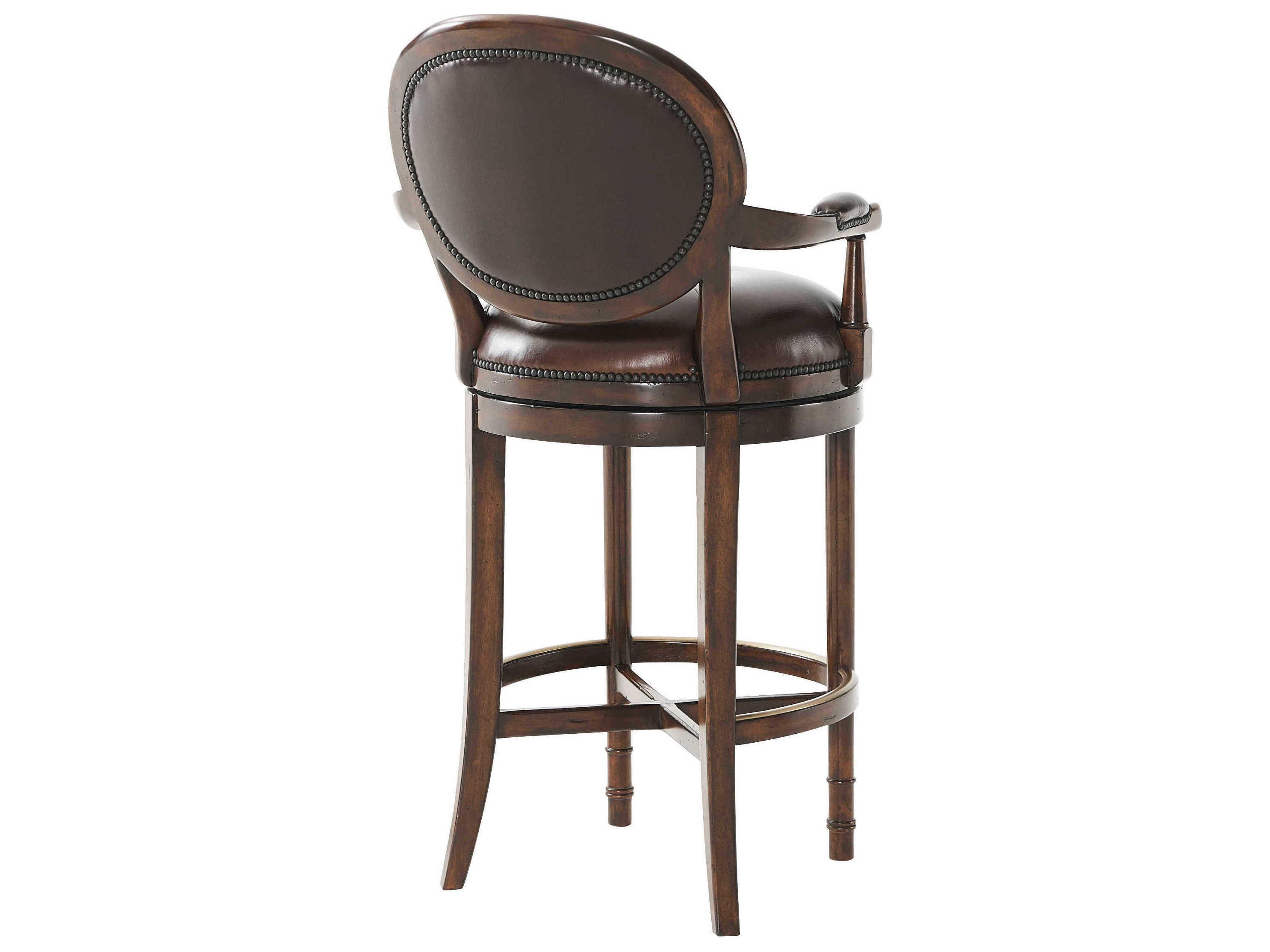 Theodore Alexander Classic Yet Casual Leather Swivel Upholstered Acacia Wood Brass Bar Stool