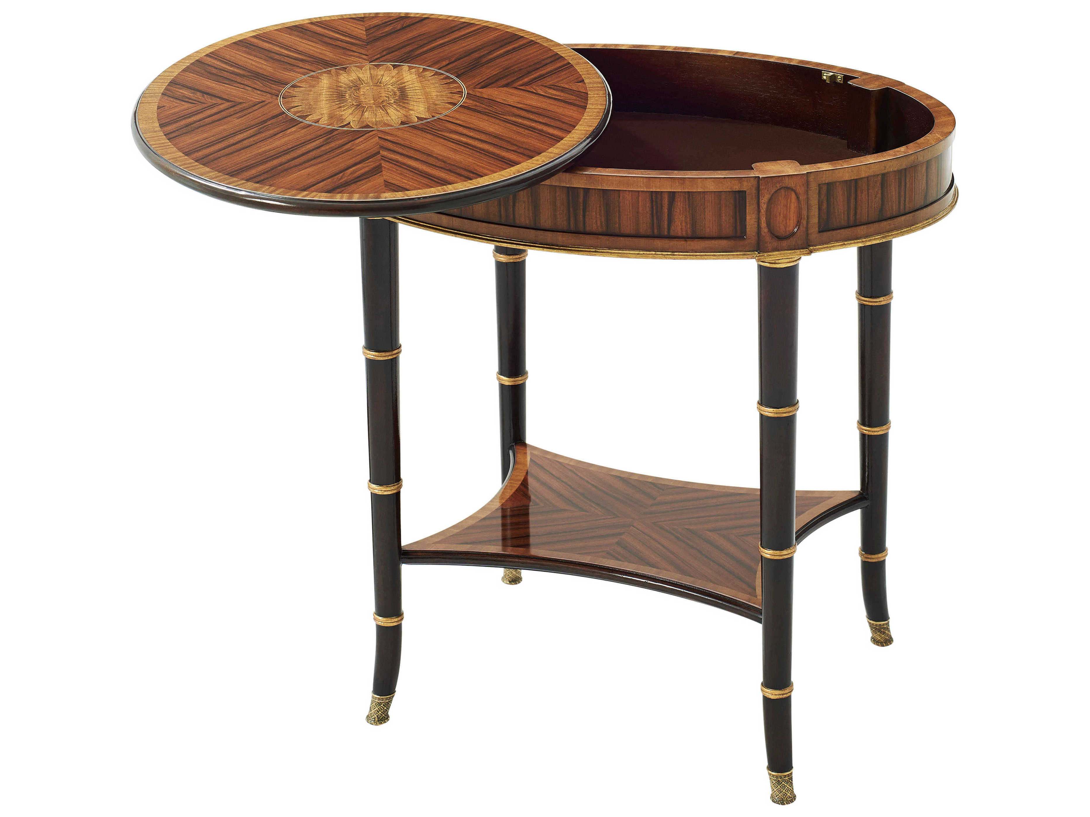 Theodore Alexander English Cabinet Maker Round Wood Italian Gold Black Rub End Table