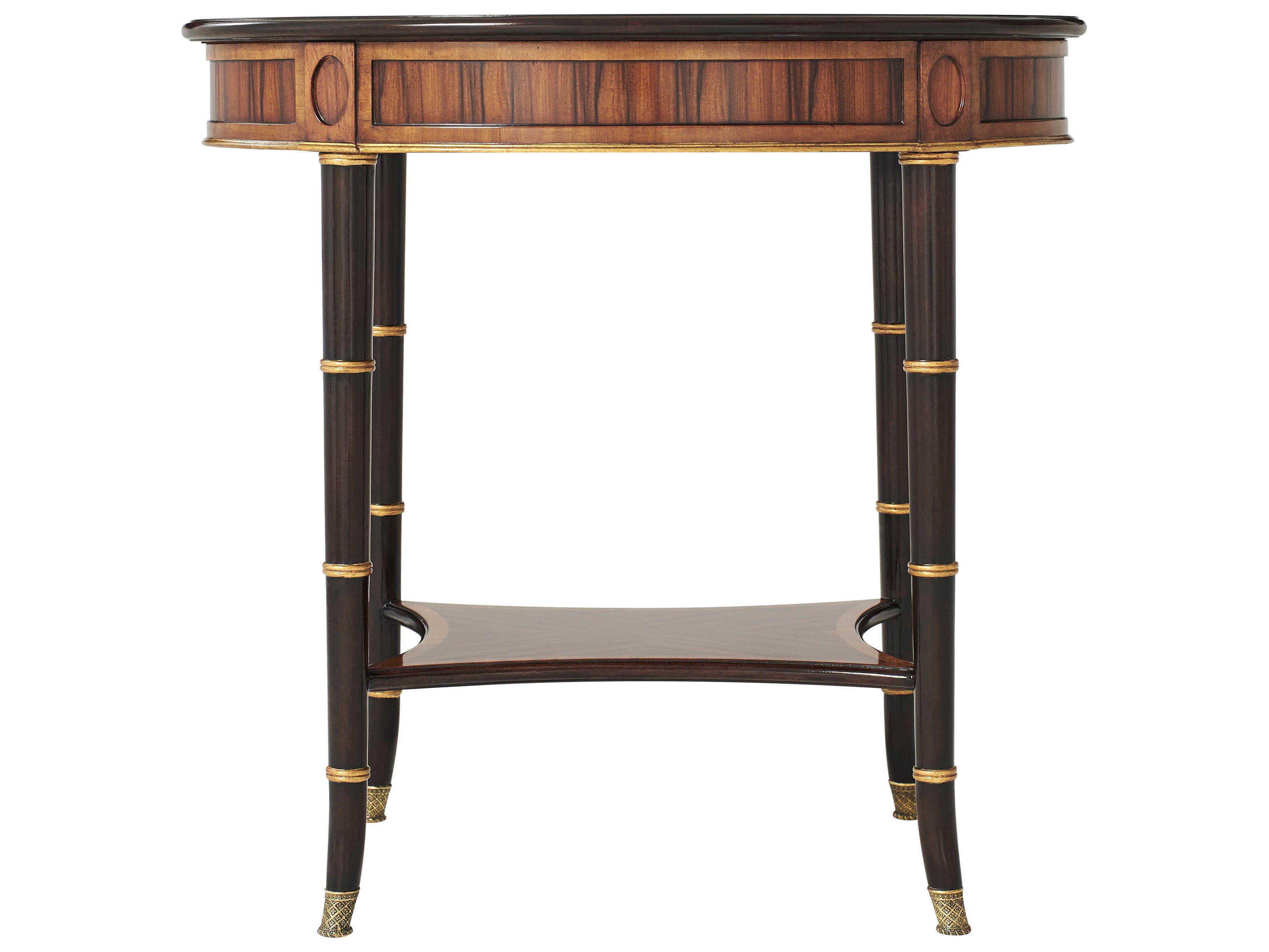 Theodore Alexander English Cabinet Maker Round Wood Italian Gold Black Rub End Table