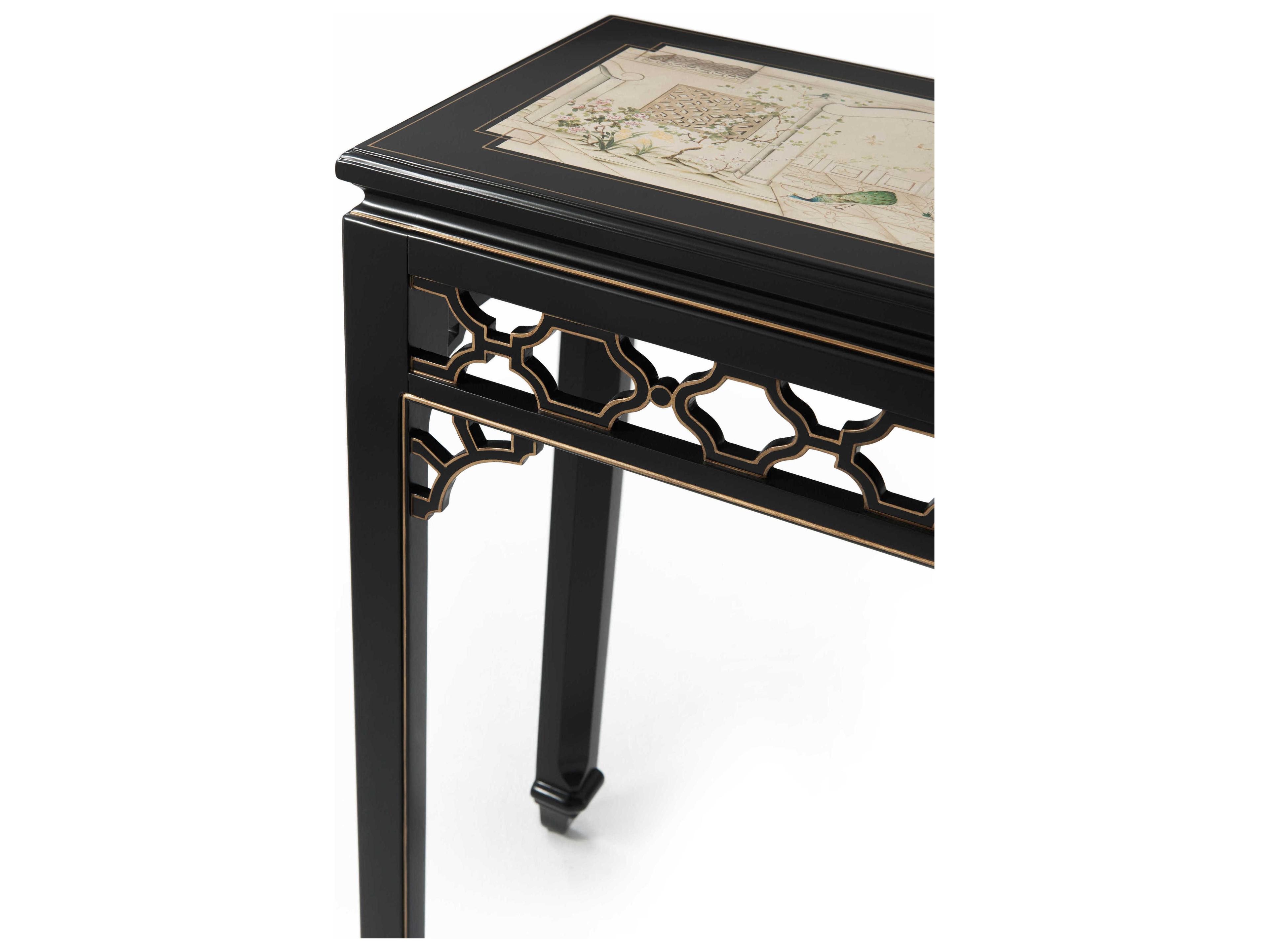 Theodore Alexander Rectangular Wood Italian Gold Chinesische Aquarelle Long Hall Chinoiserie Console Table