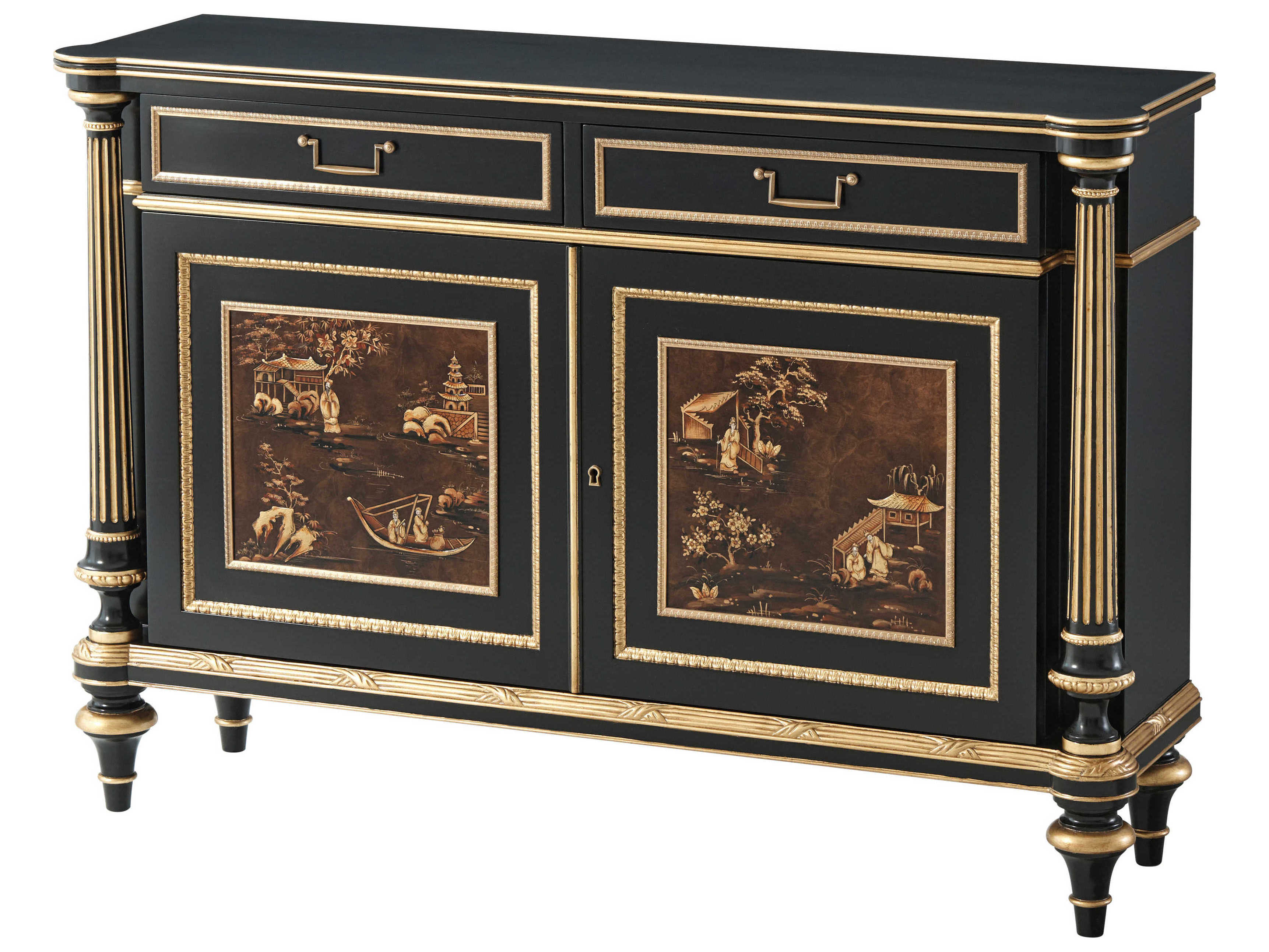 Theodore Alexander 45" Mahogany Wood Chinoiserie Antique Gold Gilt Black Sideboard