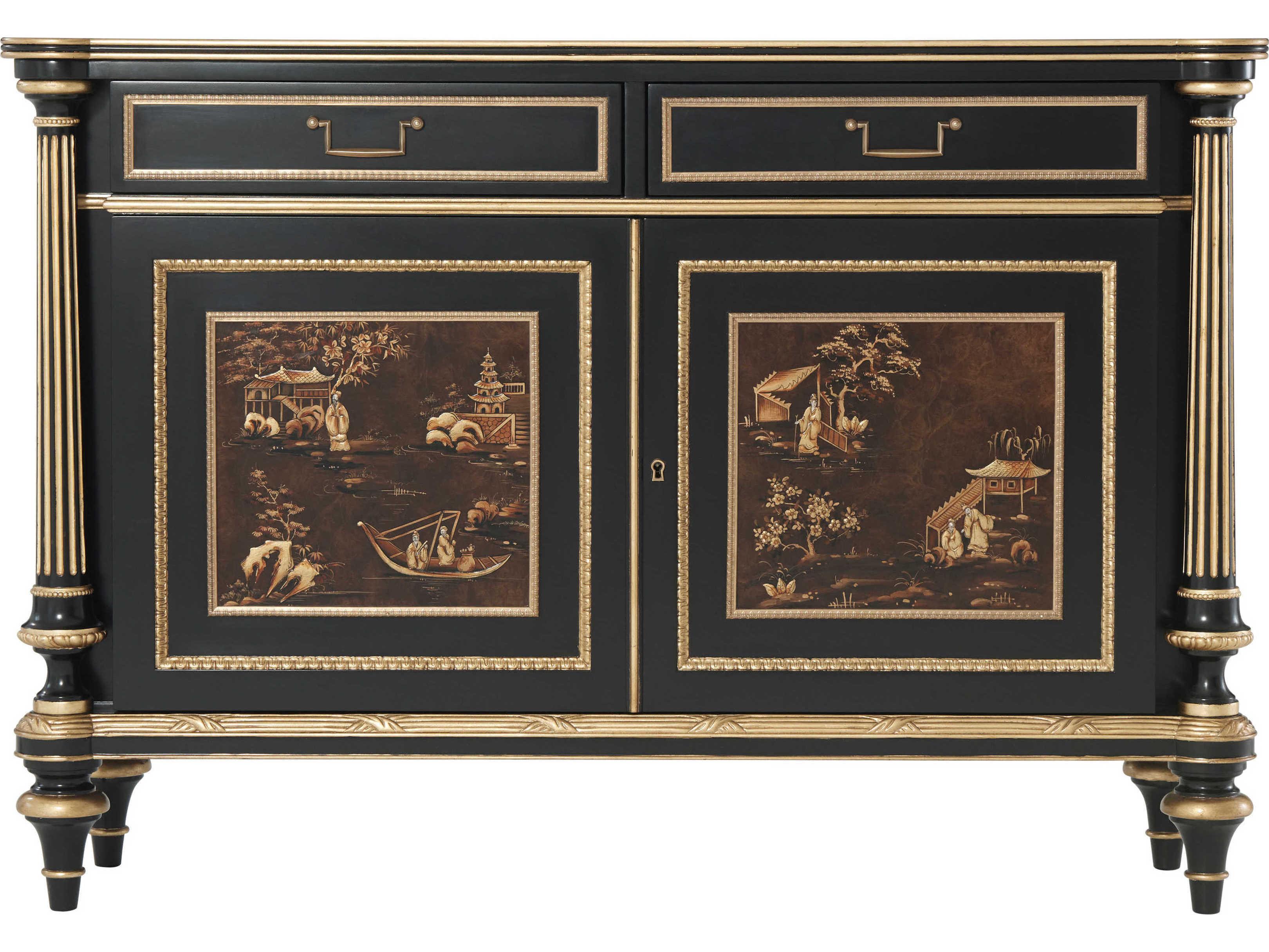 Theodore Alexander 45" Mahogany Wood Chinoiserie Antique Gold Gilt Black Sideboard
