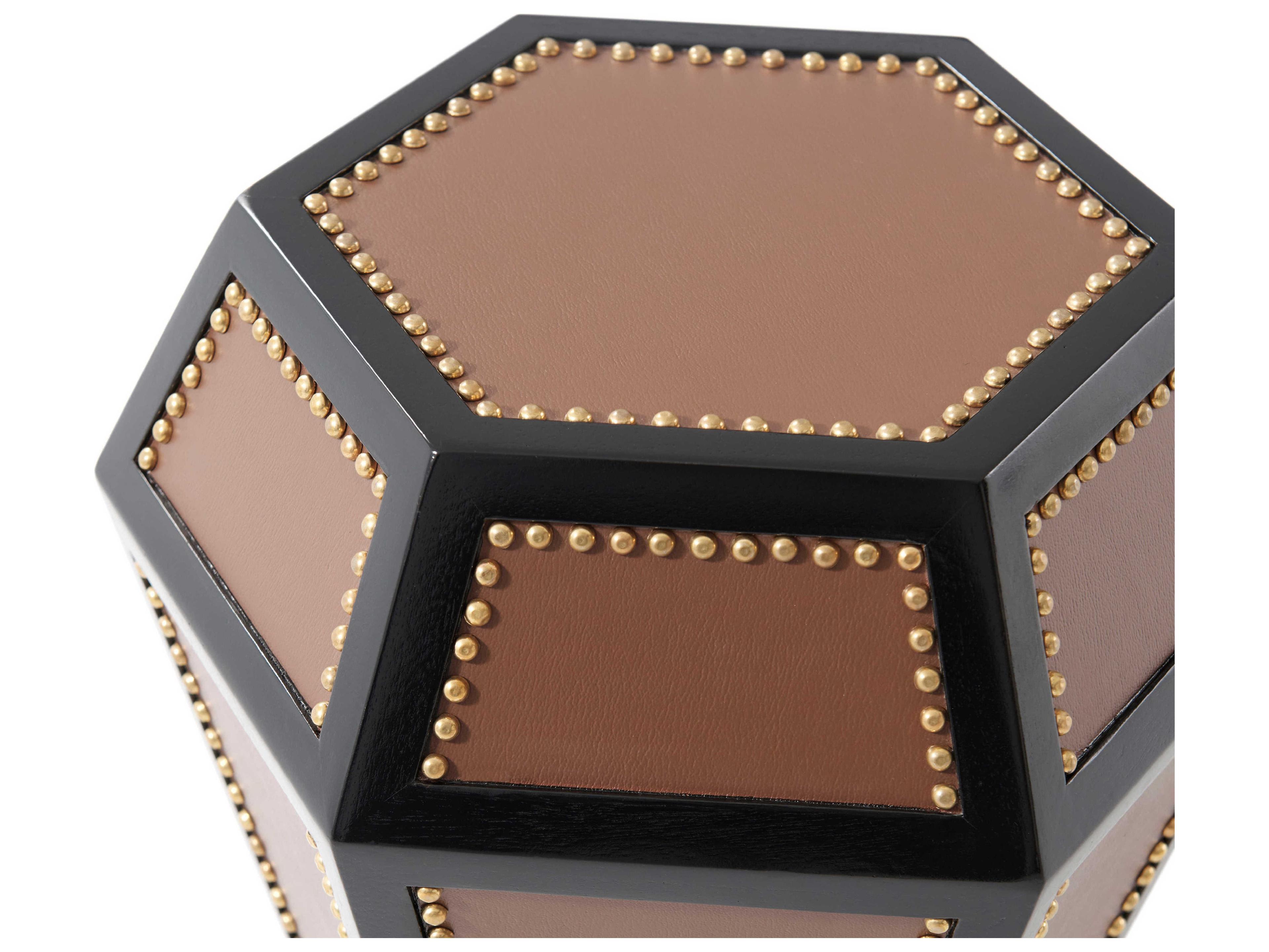 Theodore Alexander Alexa Hampton Hexagon Leather Rootbeer Seal Penelope End Table