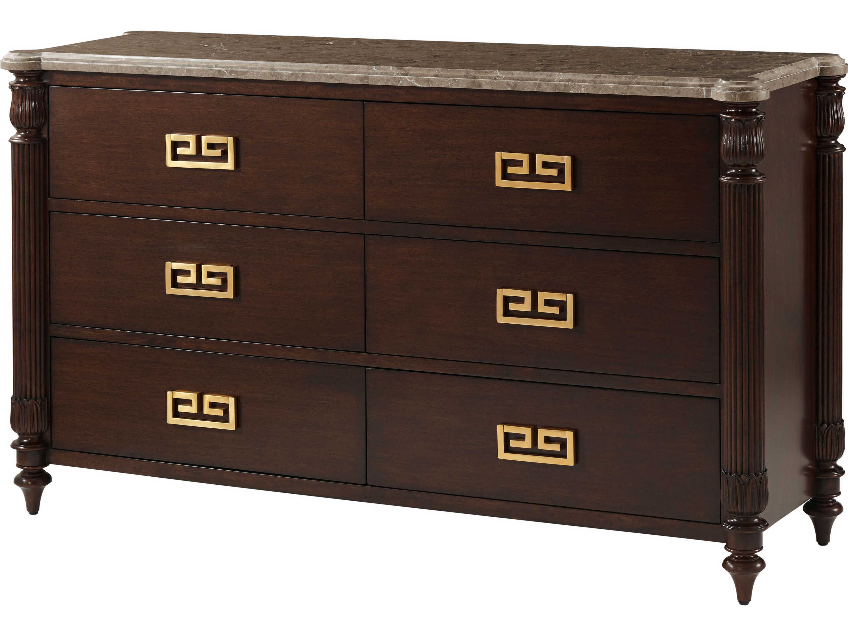 Theodore Alexander Alexa Hampton 6-Drawers Cambridge Brown Duane Marble Double Dresser