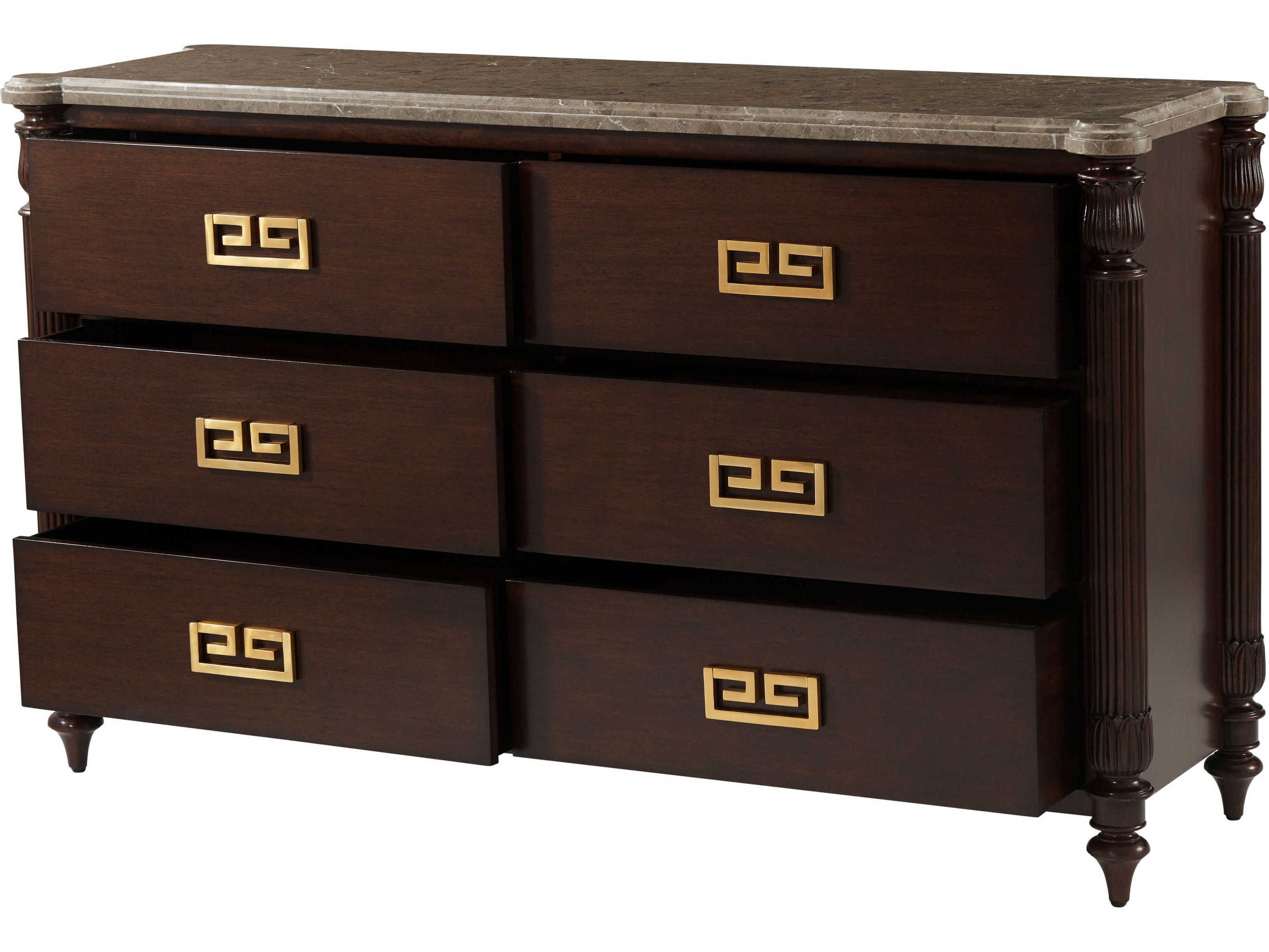 Theodore Alexander Alexa Hampton 6-Drawers Cambridge Brown Duane Marble Double Dresser