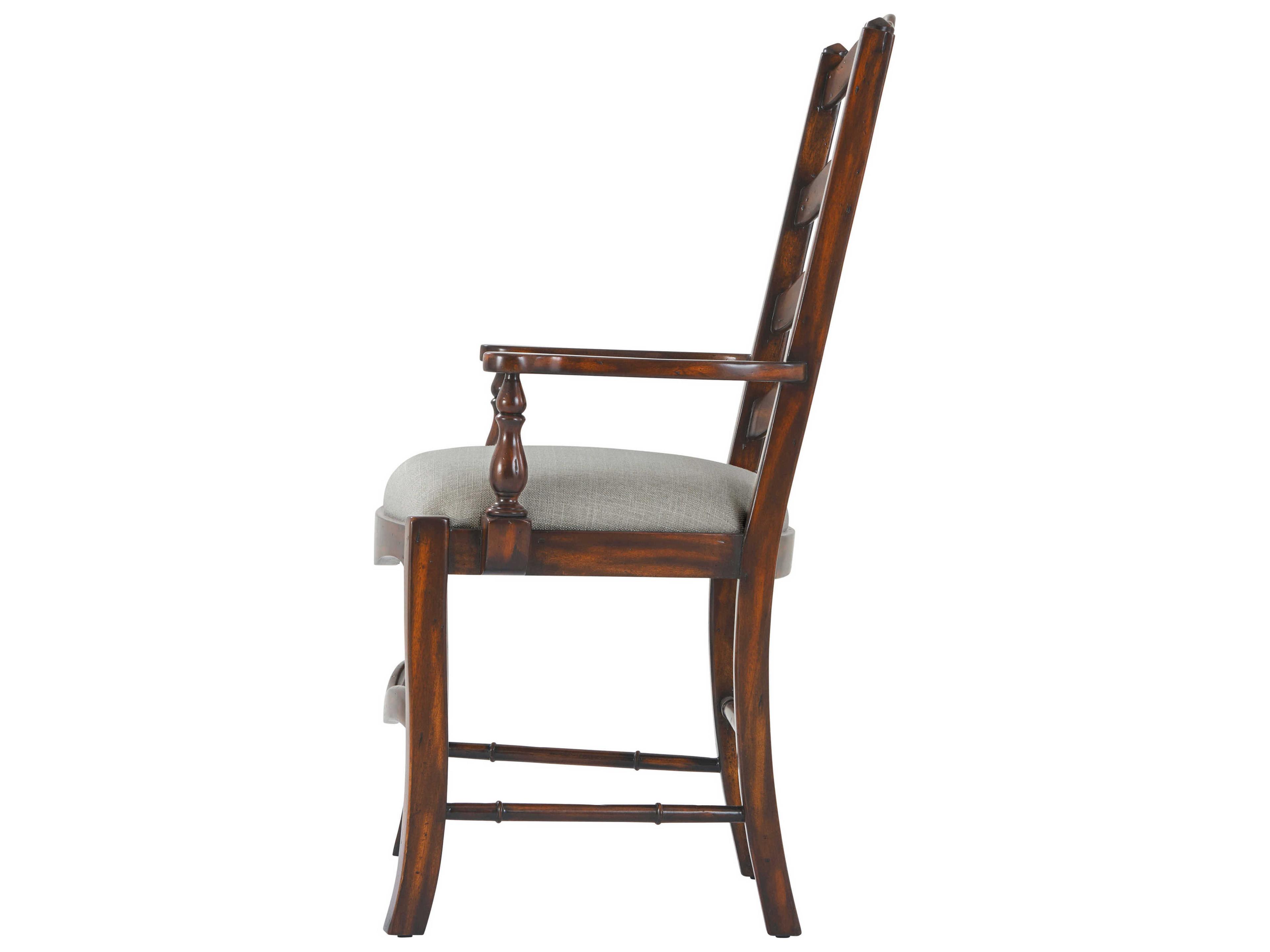 Theodore Alexander Castle Bromwich Mahogany Wood Brown Upholstered Evening with Friends Arm Dining Chair