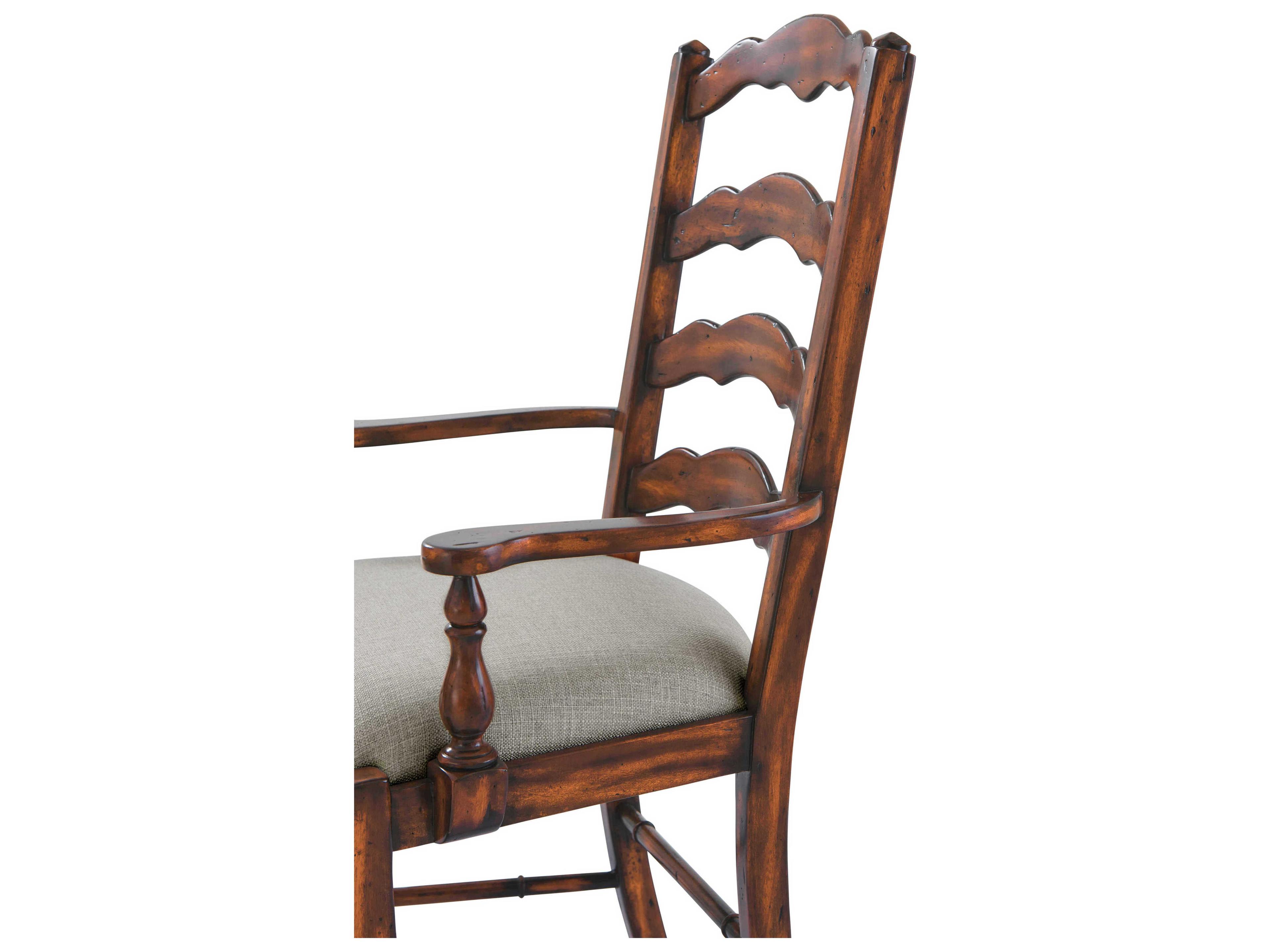 Theodore Alexander Castle Bromwich Mahogany Wood Brown Upholstered Evening with Friends Arm Dining Chair