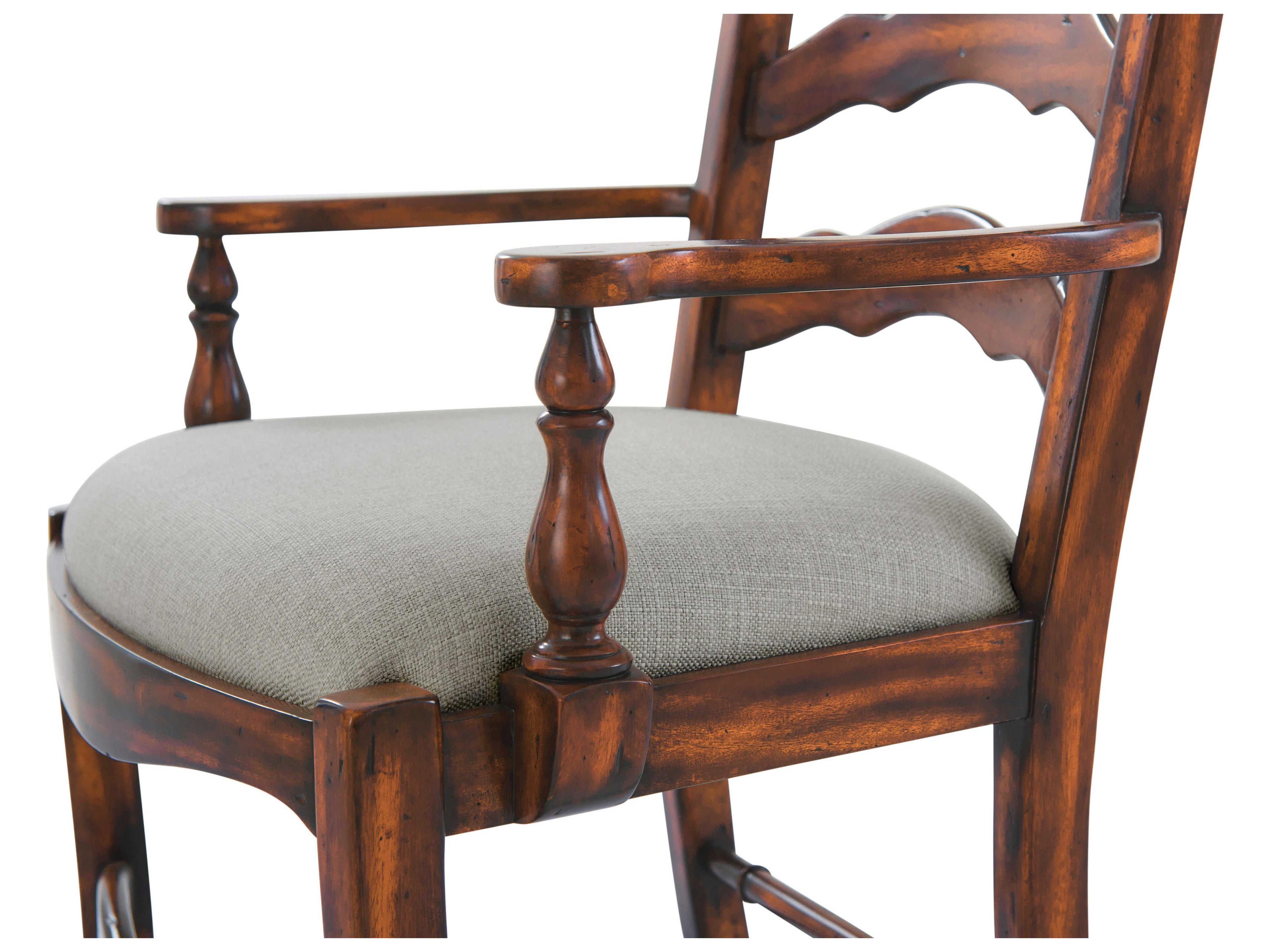Theodore Alexander Castle Bromwich Mahogany Wood Brown Upholstered Evening with Friends Arm Dining Chair