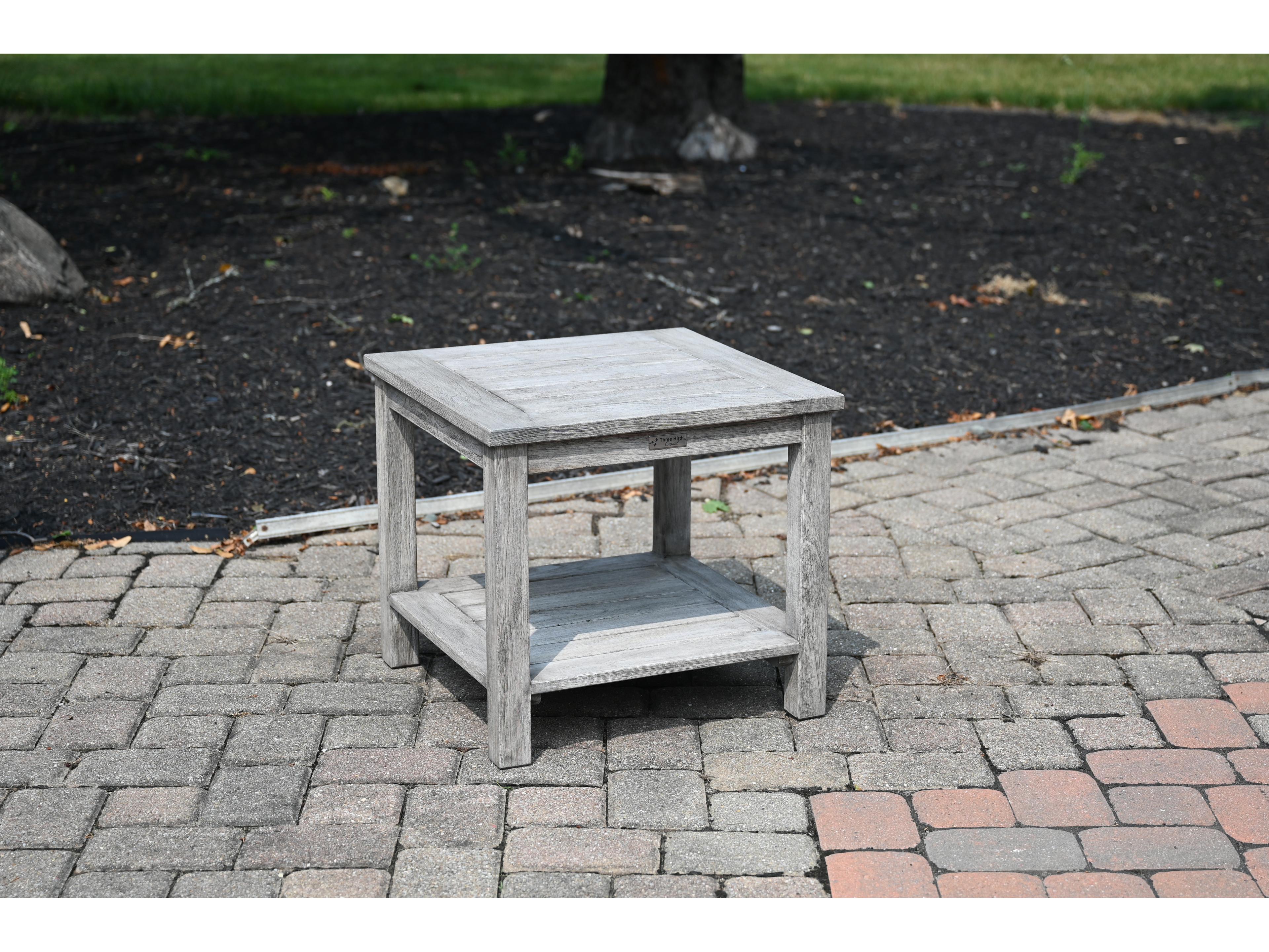Three Birds Casual Shelburne Teak Square Patio Side Table with Lower Shelf