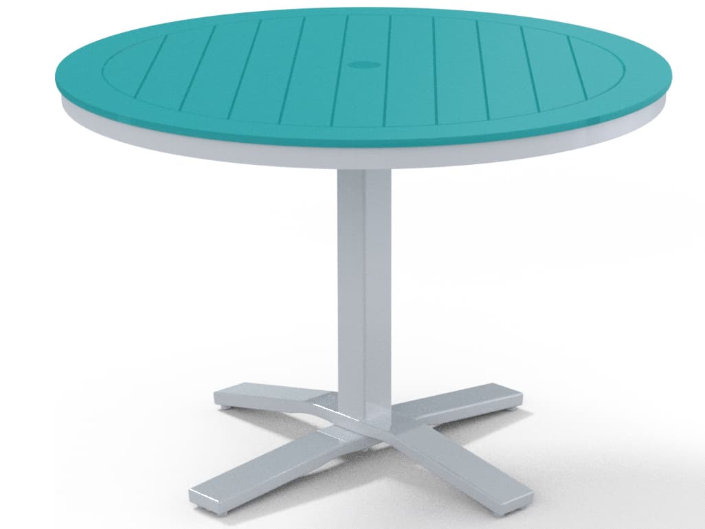 Telescope Casual Marine Grade Polymer Round Pedestal Patio Dining Table with Umbrella Hole