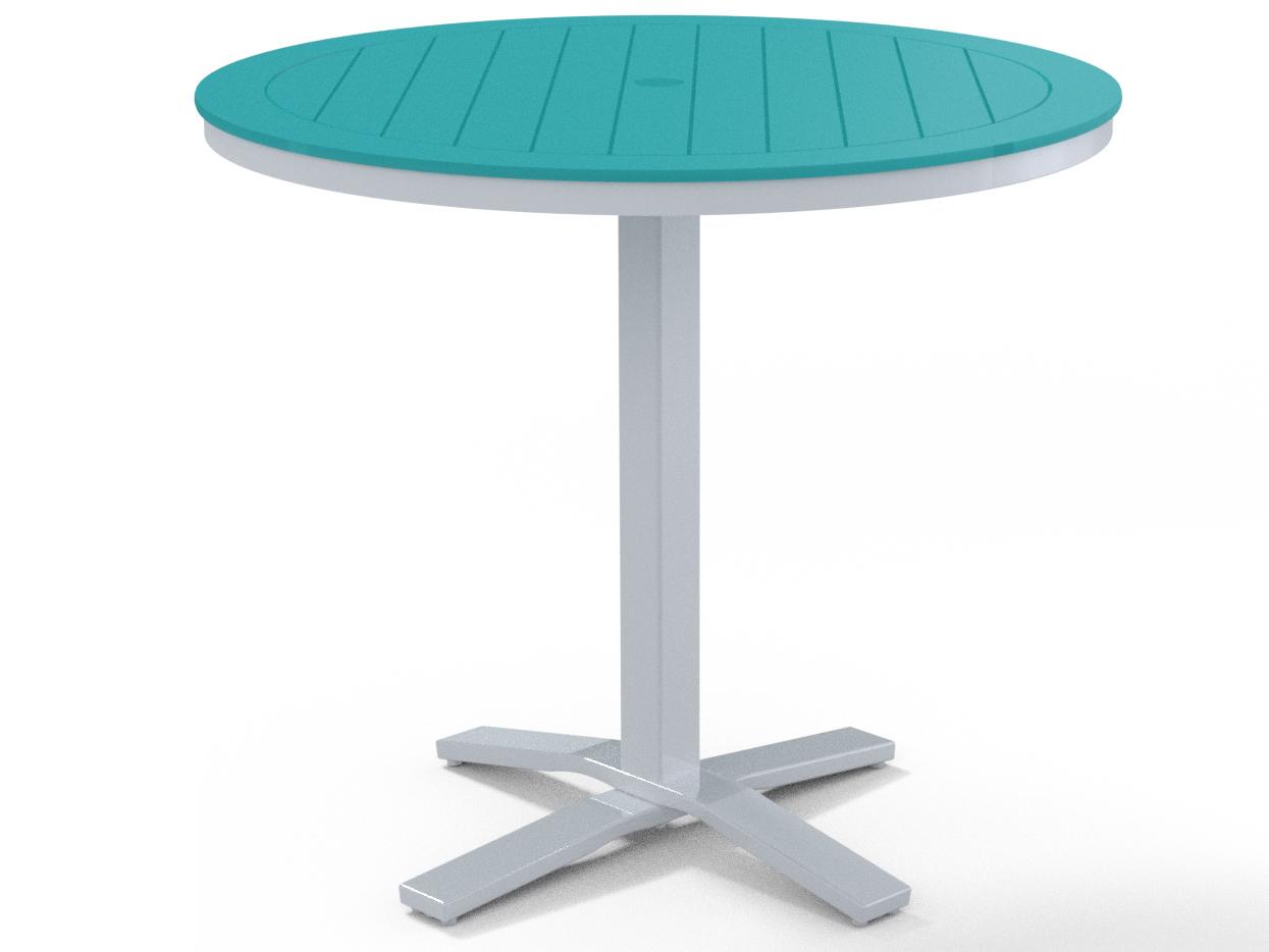 Telescope Casual Marine Grade Polymer Round Pedestal Outdoor Counter Height Table with Umbrella Hole