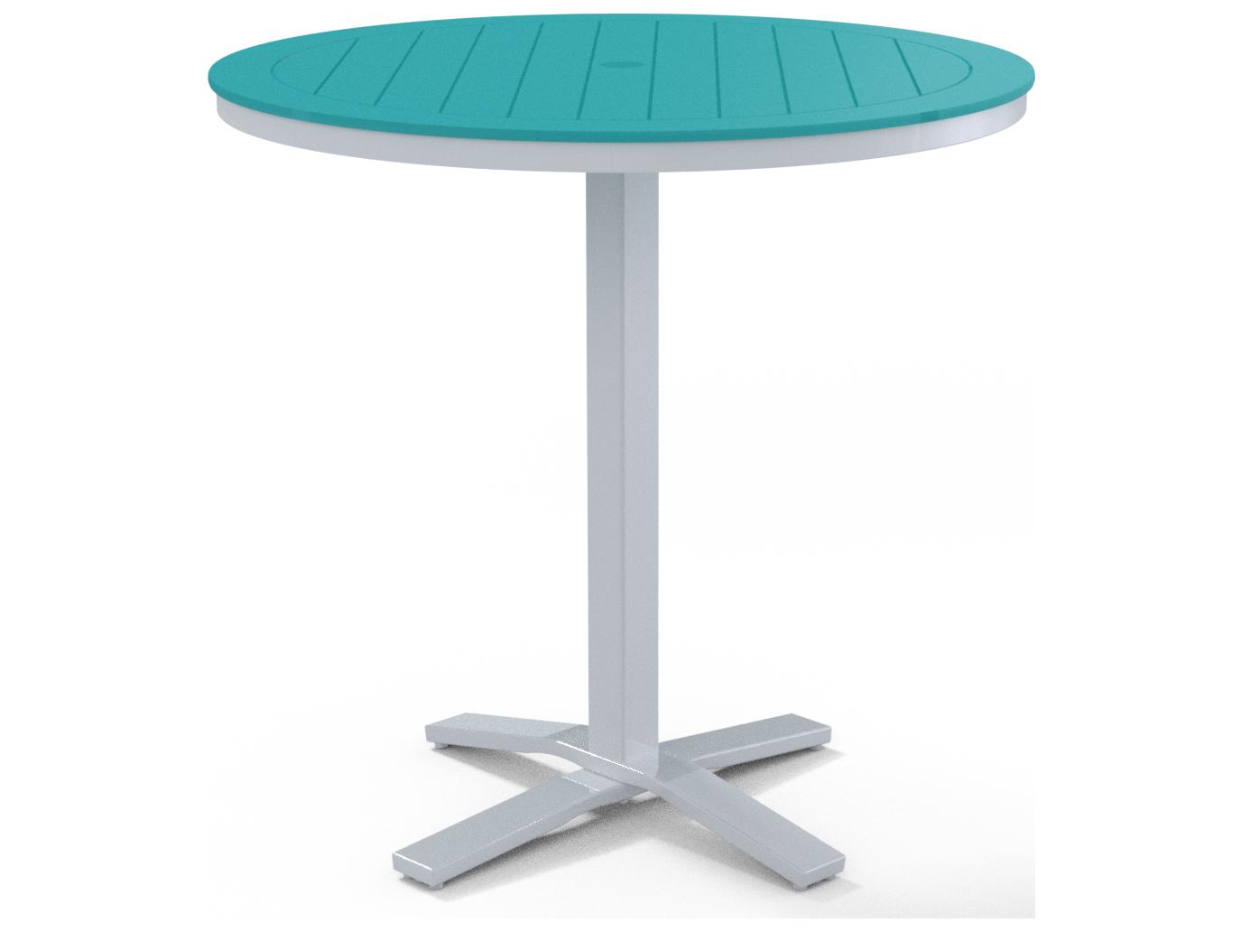 Telescope Casual Marine Grade Polymer Round Pedestal Outdoor Bar Height Table with Umbrella Hole
